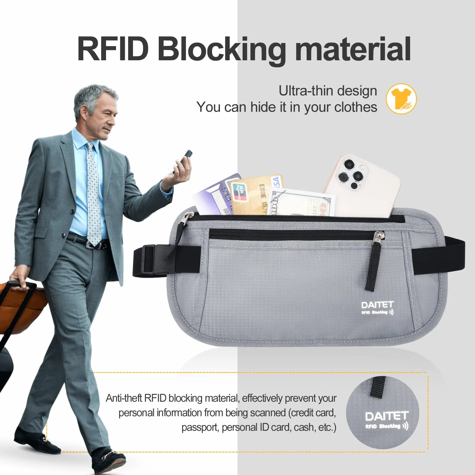 Pas na pieniądze - uchwyt na paszport bezpieczny ukryty portfel podróżny z blokadą RFID, tajna saszetka, jasnoszary, Blokowanie RFID