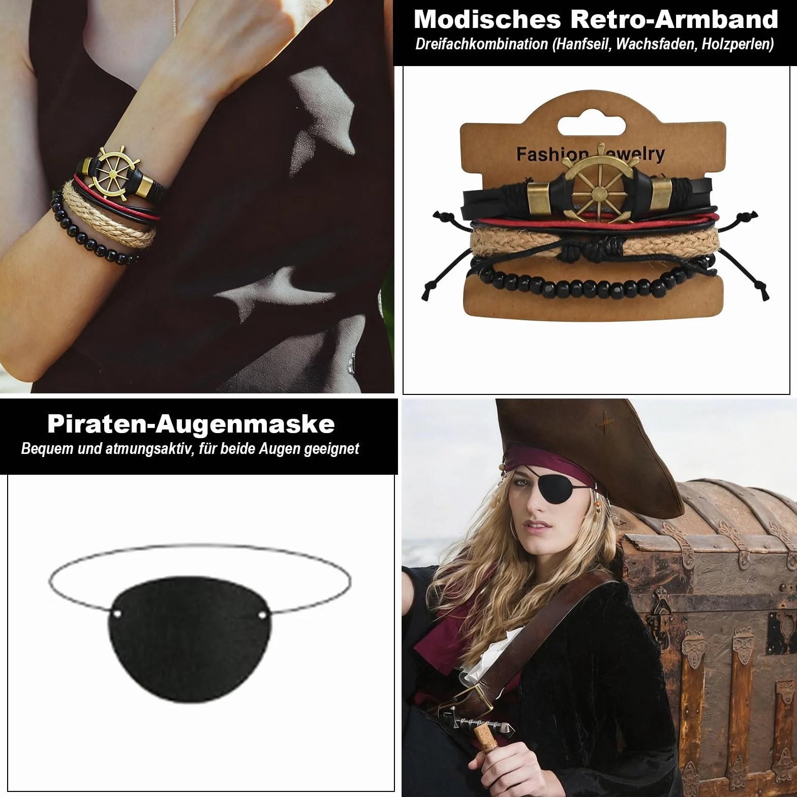 GOLDGE 7 sztuk damskich akcesoriów do kostiumu pirata, kostium pirata, akcesoria pirackie z piracką chustą, paskiem w talii, naszyjnikiem, bransoletkami, maską na oczy, kolczykami na karnawał