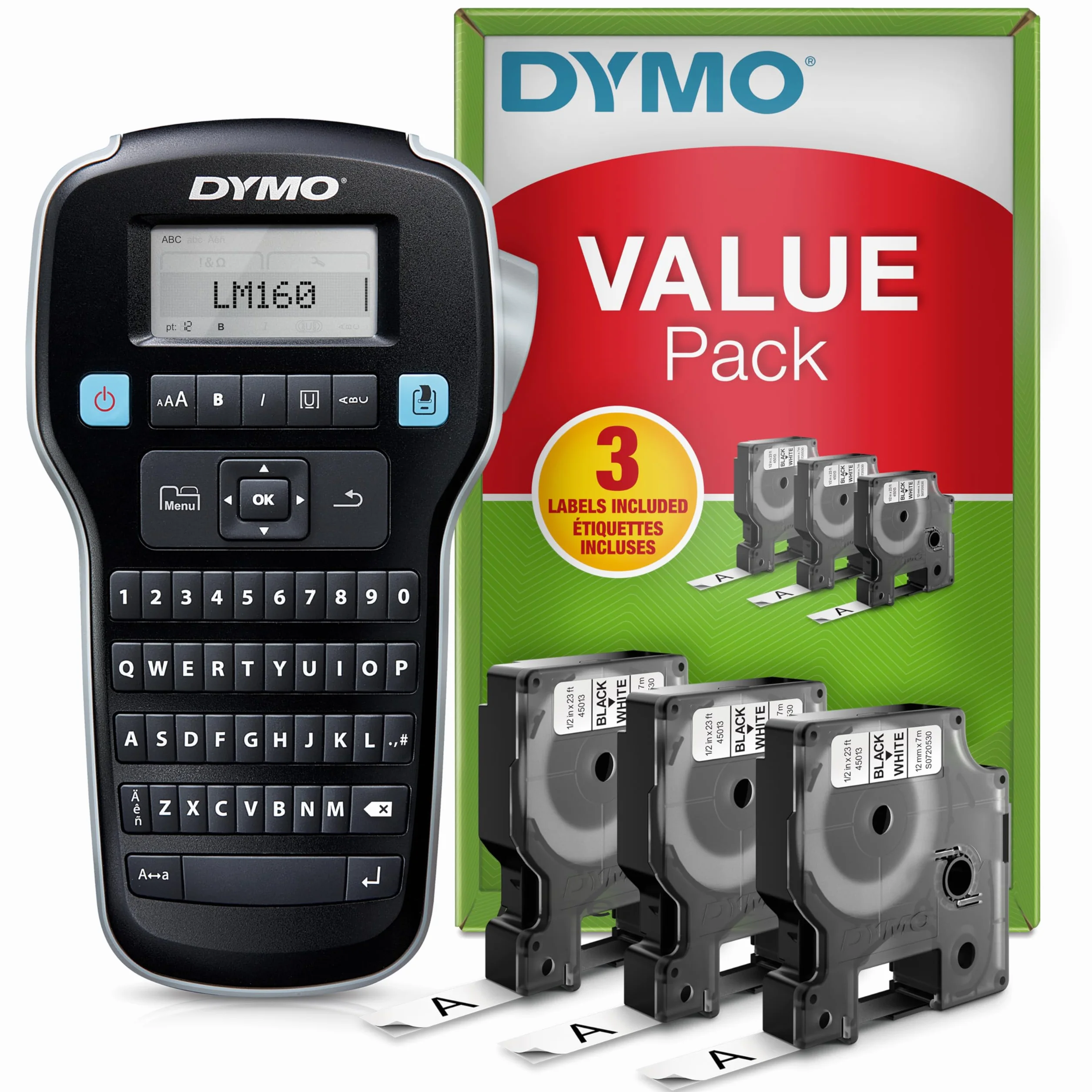 DYMO LabelManager 160 Zestaw startowy do drukarki etykiet | Ręczna drukarka etykiet | z 3 rolkami taśmy Dymo D1 Label Tape | Klawiatura QWERTY | Idealne rozwiązanie do biura lub domu