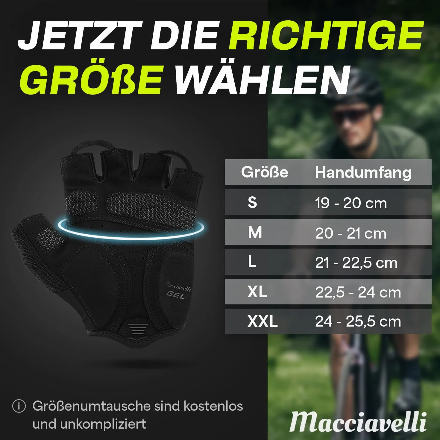 MACCIAVELLI - Rękawiczki rowerowe męskie, wyściełane, oddychające, bezpieczne, dla mężczyzn i kobiet, rękawice rowerowe bez palców z wkładkami żelowymi - idealne do rowerów MTB/wyścigowych