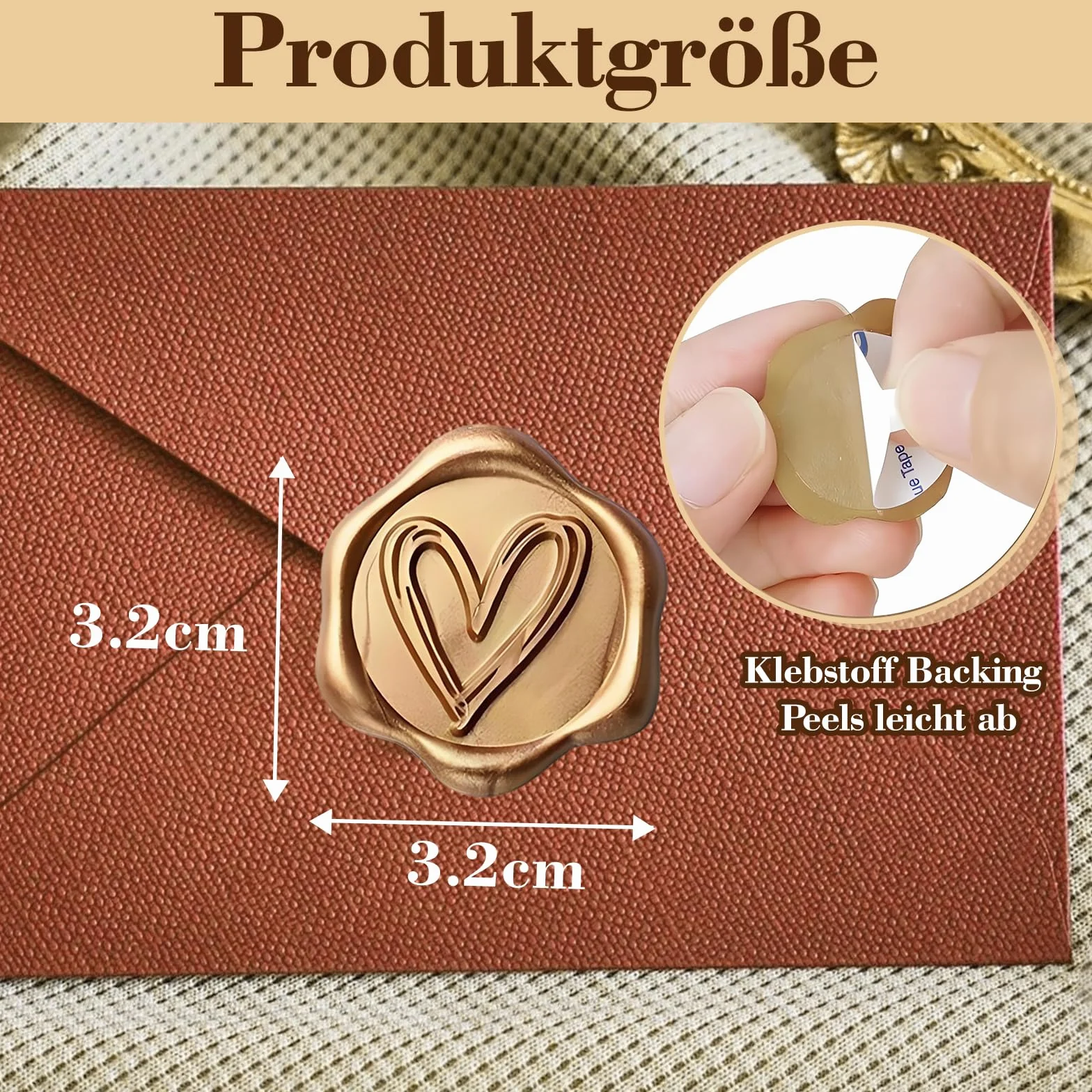 Złote pieczęcie woskowe samoprzylepne w kształcie serca, 50 sztuk naklejek woskowych w stylu vintage, na koperty, zaproszenia na ślub i imprezy, bez wosku i bez pieczęci, 3 cm