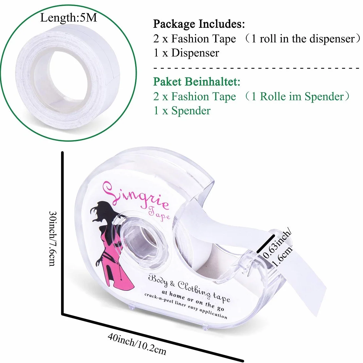 Fashion Tape niewidoczna dwustronna taśma do ciała taśma klejąca do biustonosza dla kobiet głęboka sukienka w serek (2 rolki x 5 m)