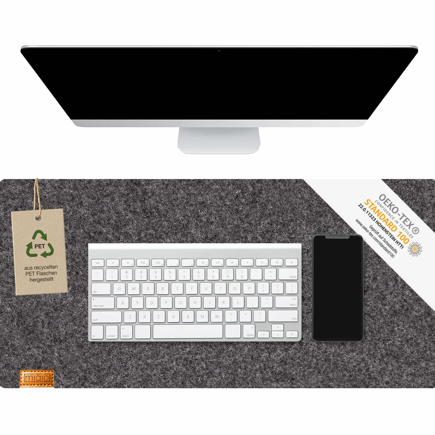 MIQIO® Designerska podkładka na biurko z trwałego filcu, nadaje się do drewnianych stołów, ponieważ bez gumy, certyfikat Oekotex, mata na biurko z butelek PET pochodzących z recyklingu, ciemnoszara