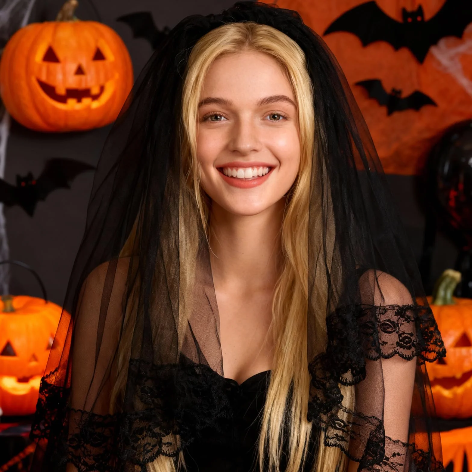 Ouligay Czarny welon na Halloween, dla panny młodej, czarny welon dla panny młodej, czarny welon koronkowy, wstążka, welon dla panny młodej, na Halloween, akcesoria na karnawał, wesele, dla panny
