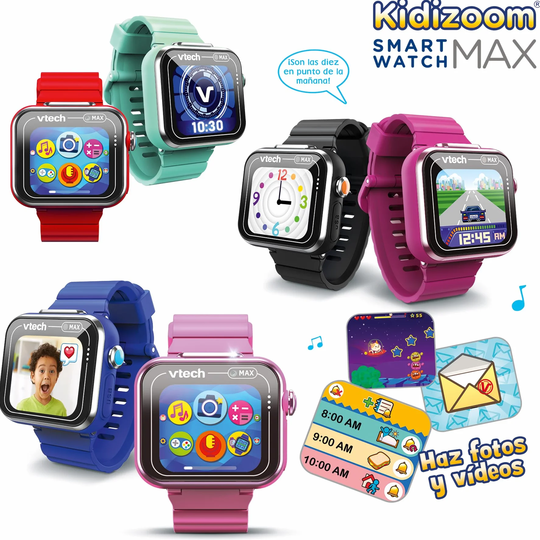 VTech - Kidizoom Smartwatch MAX Raspberry Smart Watch dla dzieci, podwójny aparat fotograficzny, filmy, gry, poziomy ekran dotykowy, wersja ESP