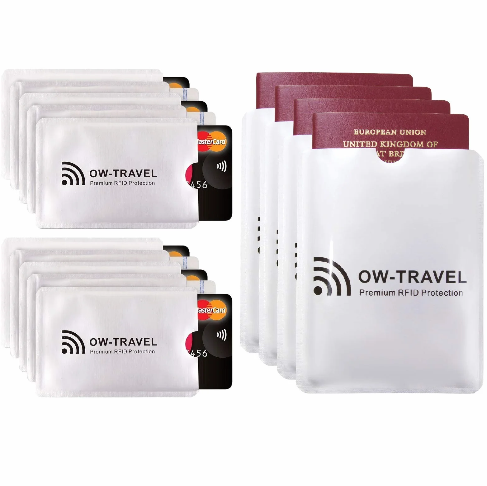 OW-Travel Etui na Karty RFID (10 Sztuk) I Etui na Paszportu (4 Sztuk) Ochrona Kart Zbliżeniowych. Blokada Karty RFID i Ochrona. Kartę Blokada Paszportu Bezpieczeństwa