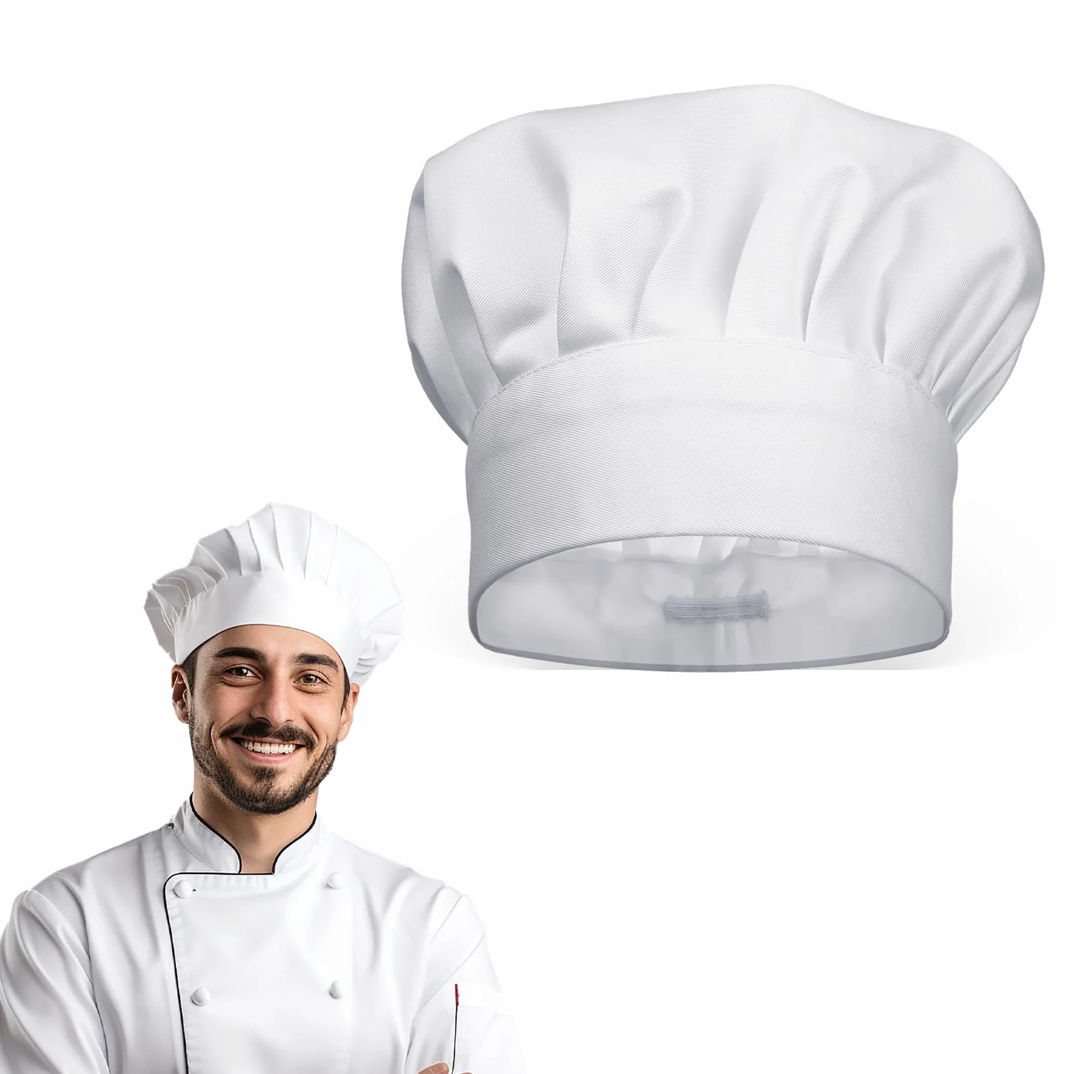 Czapka kucharska – unisex czapka kucharska dla kobiet i mężczyzn, regulowana, bawełna, profesjonalna siatka na włosy, biała