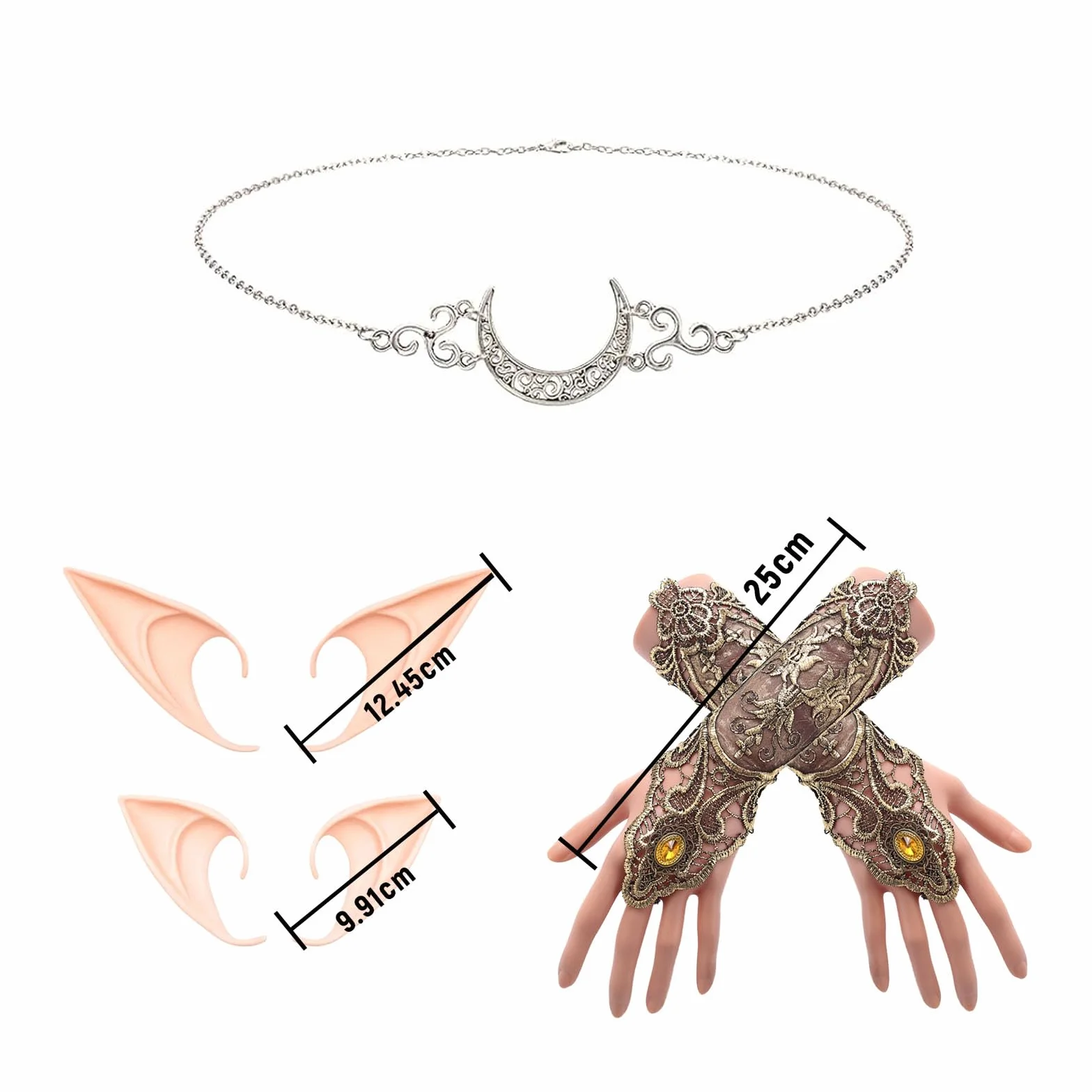 Zestaw elfi - diadema księżycowa, złote rękawiczki, vintage rękawiczki z koronką, uszy elfów, długie i krótkie uszy aniołków, do Cosplay, karnawału, Halloween