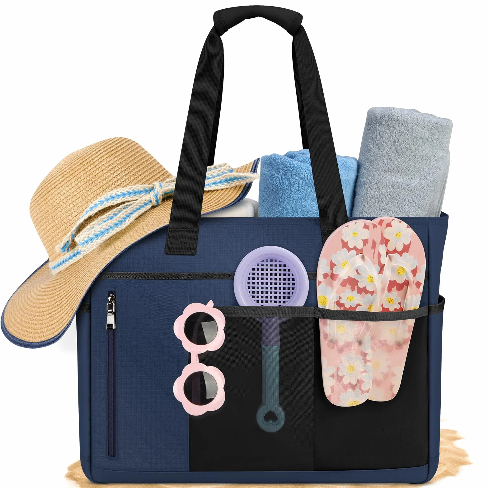 RAINSMORE Torba plażowa XXL, rodzinna torba kąpielowa, z zamkiem błyskawicznym, duża, damska, wodoszczelna, z siateczki, 40 l, damska torba do pływania, na plażę, podróże
