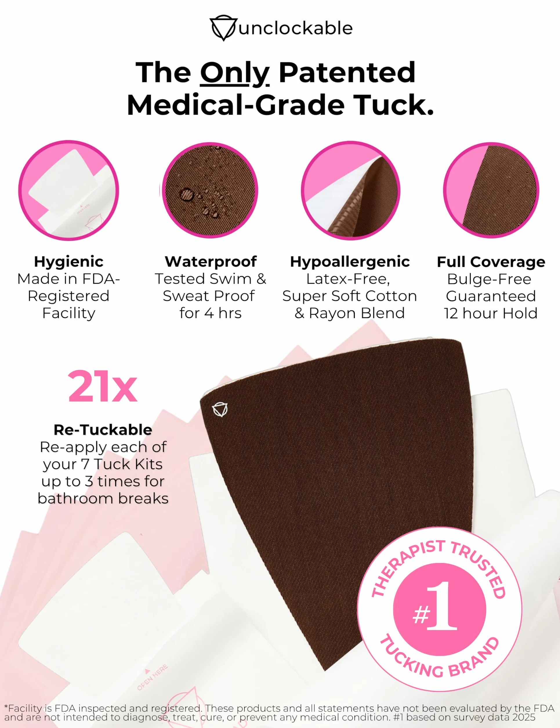 Unclockable Tuck Kit® 2 7 wodoodpornych wkładek, całodzienna ochrona, alternatywa dla gaffa dla osób transpłciowych, niebinarnych, drag queens i crossdresserów