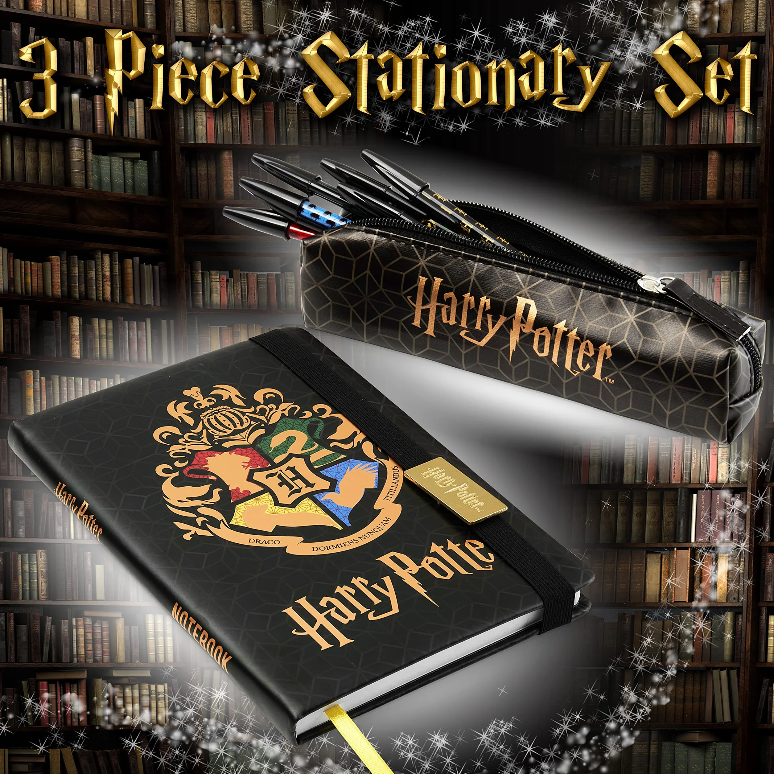 Harry Potter Notatnik A5 i Piórnik dla Dziewczynek i Chłopców z Długopisami, Przybory Szkolne dla Dzieci i Nastolatków (Czarny/Złoty)