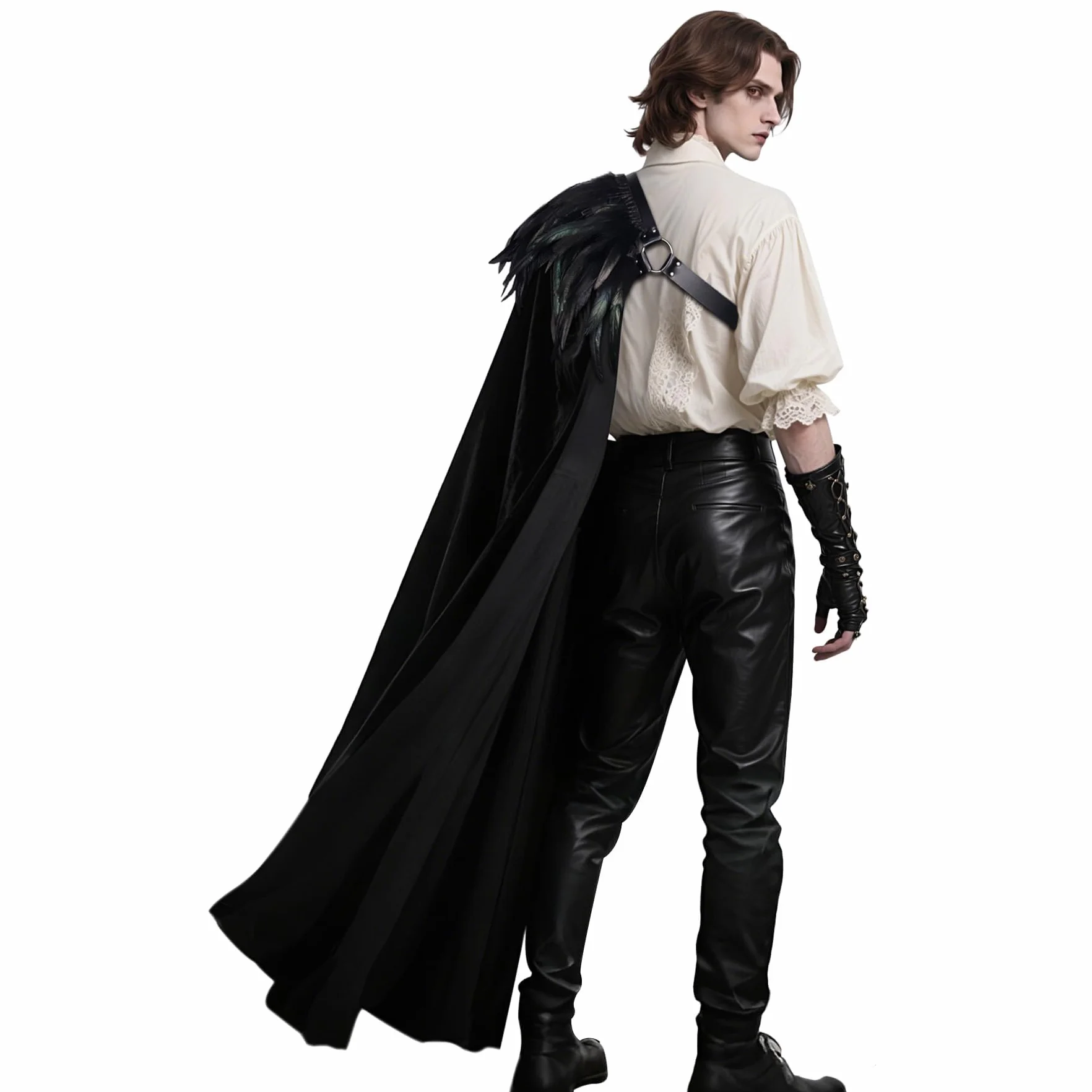 keland Gotycka peleryna na jedno ramię z piórkami – Halloween, rycerz, wampir, cosplay