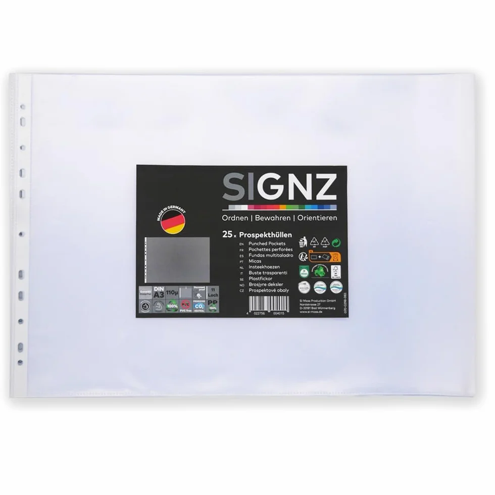 SIGNZ Portfele na dokumenty, produkt biurowy (DIN A3, bardzo mocny 110 My), ziarnisty, neutralny pod względem emisji CO2, wyprodukowano w Niemczech, 25 sztuk