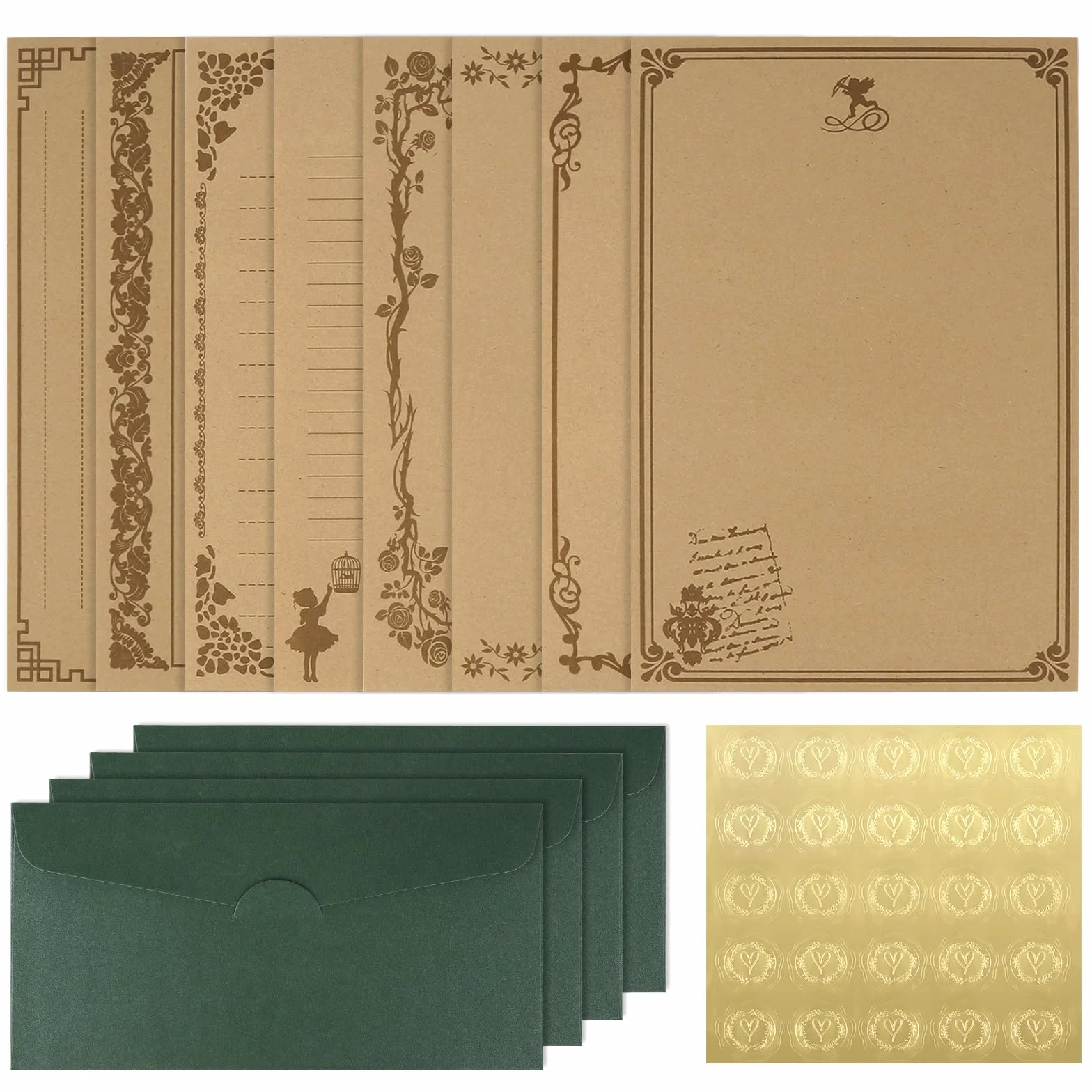 Zestaw 24 sztuk kopert listowych, 14,5 x 21,5 cm, styl vintage, z wzorem kwiatowym, z 24 kopertami z ciemnozielonego papieru perłowego, 25 pieczęci
