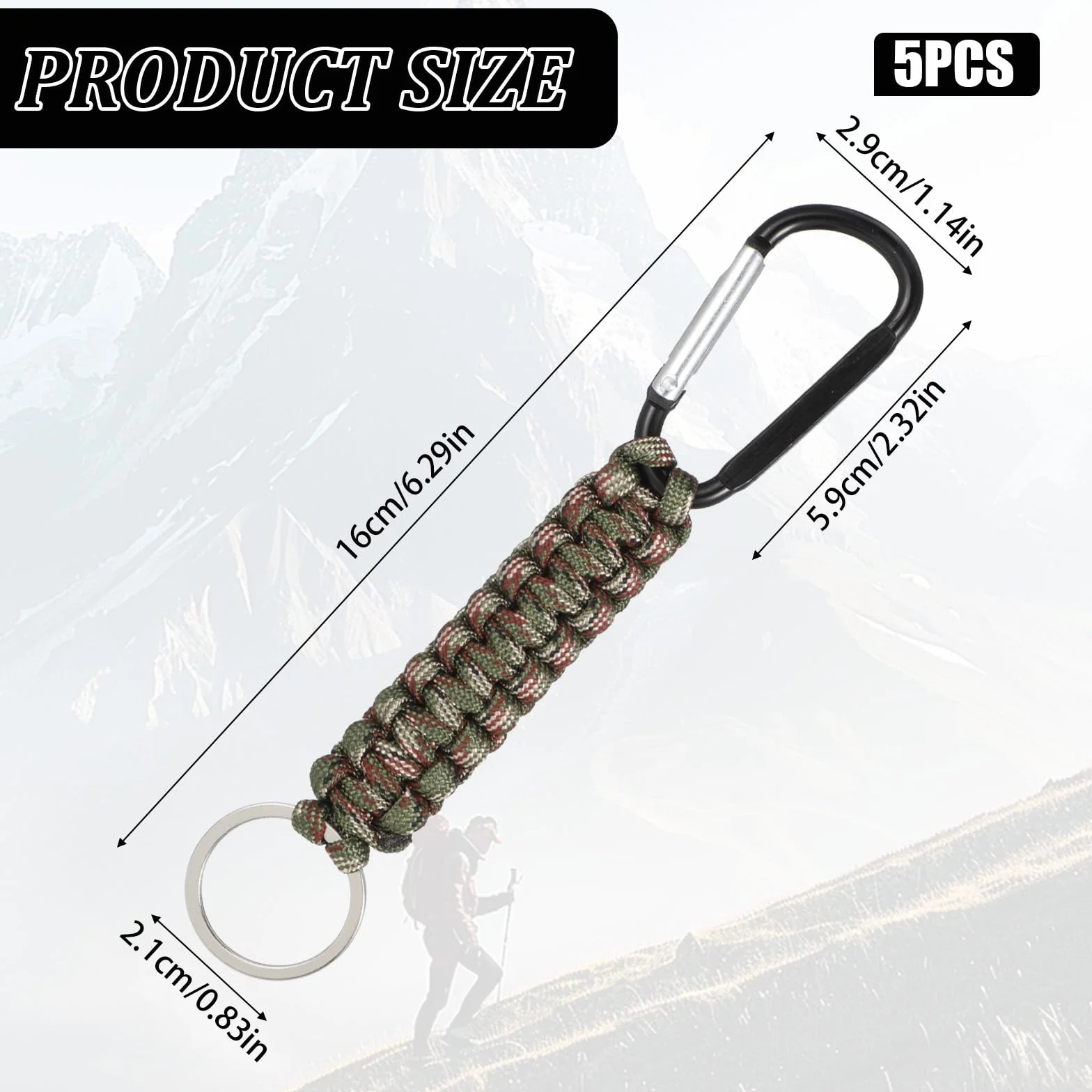 5 sztuk breloczków do kluczy Paracord, pleciony, z karabińczykiem, na kemping, wędrówki, podróże z plecakiem