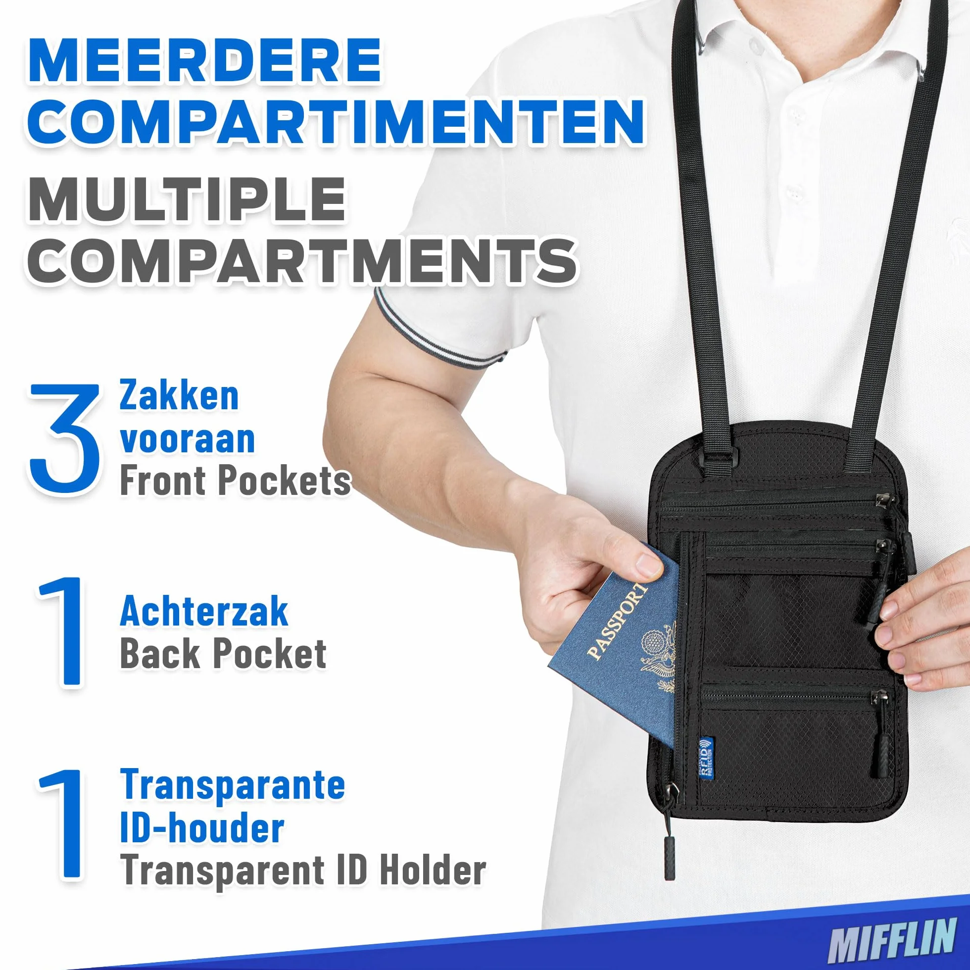 Mifflin Portfel na szyję, etui na paszport, czarna torba podróżna z zabezpieczeniem blokującym RFID, torba antykradzieżowa z wieloma przegródkami