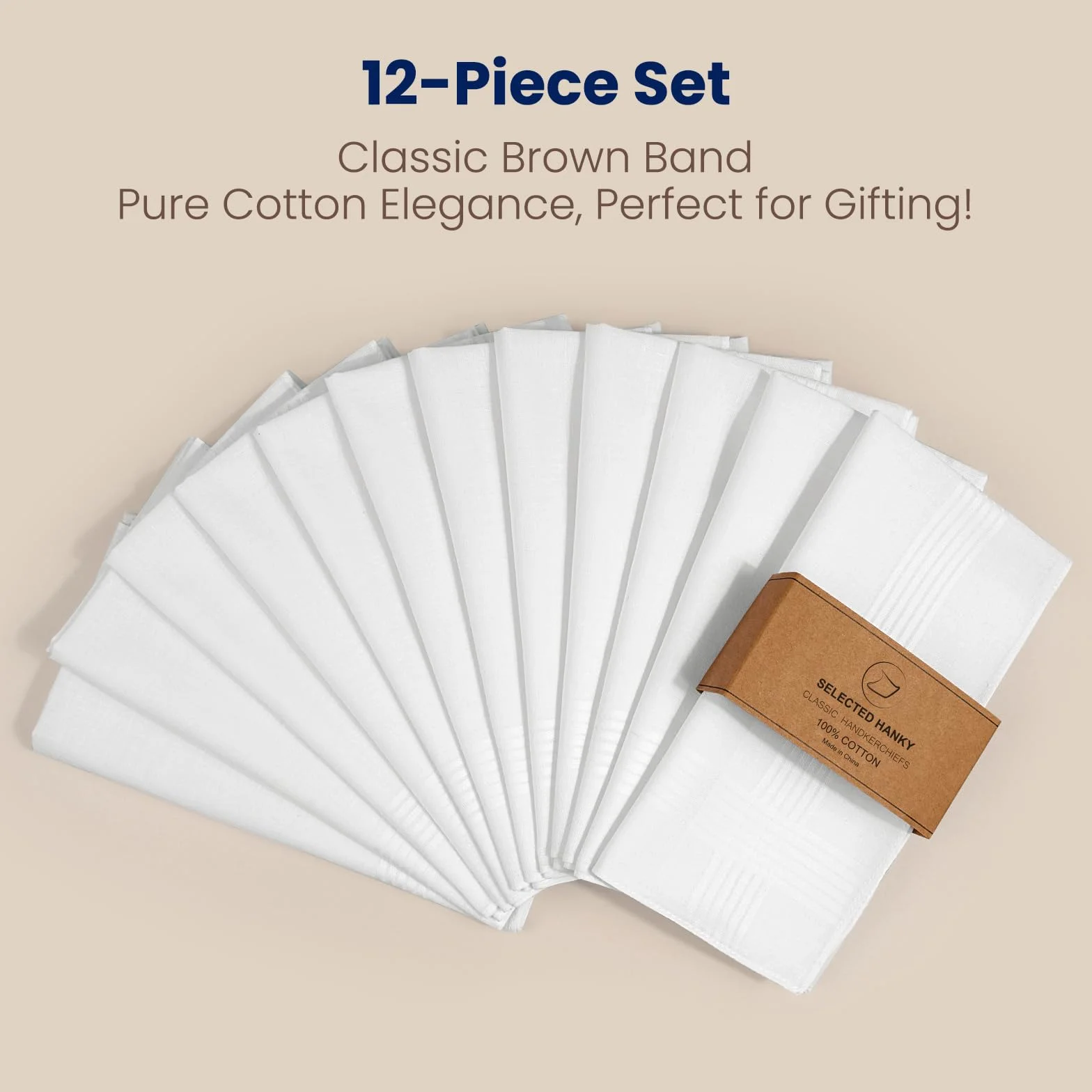 Selected Hanky Men's Handkerchiefs,100% Soft Cotton,White Classic Hankie Pack of 12