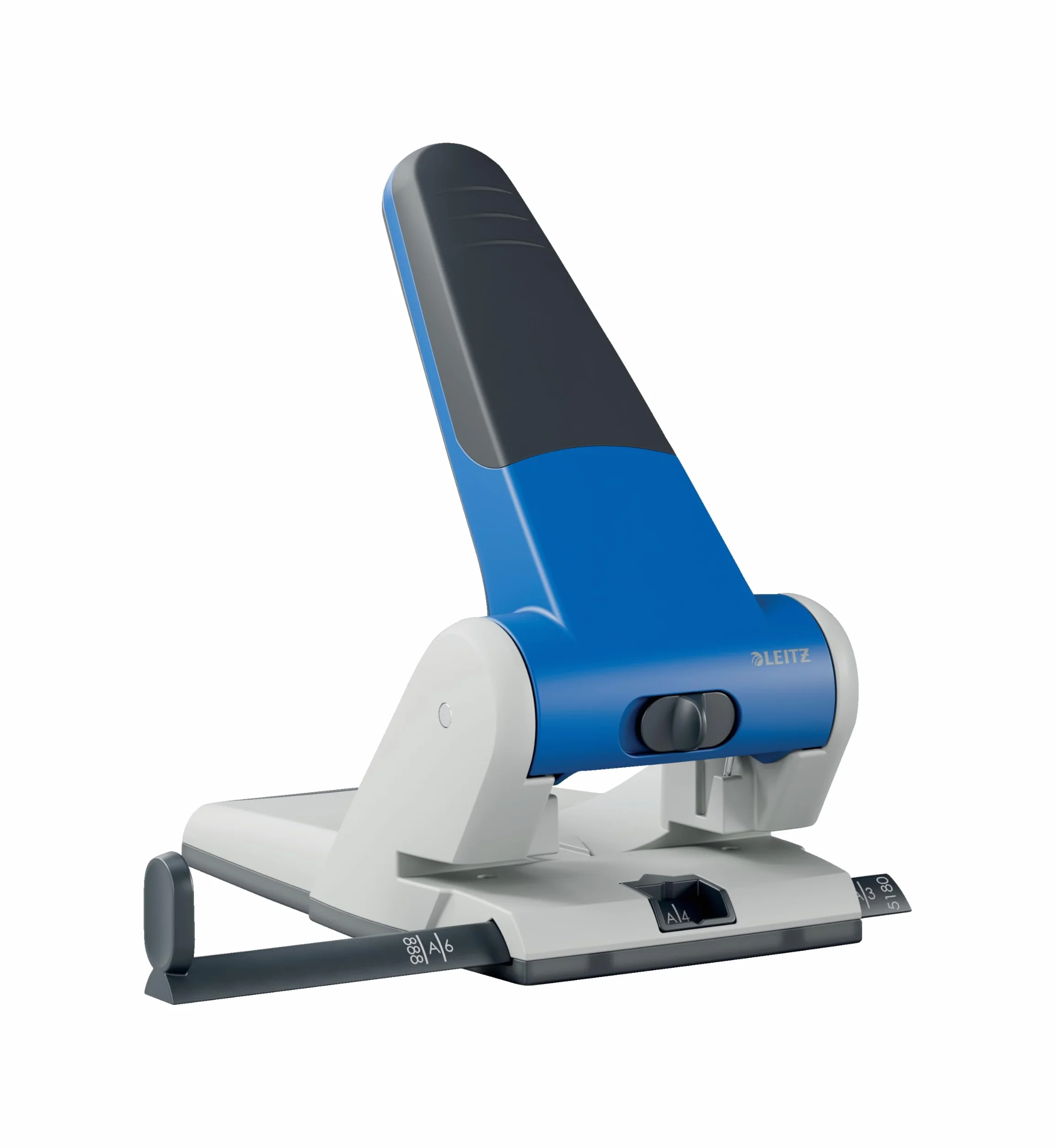 Leitz Bardzo mocny dziurkacz do rejestru, metal, nadaje się do 65 arkuszy, szyna ograniczająca z formatem, ergonomiczny kształt dzięki wgłębieniu uchwytu, niebieski, 51800035