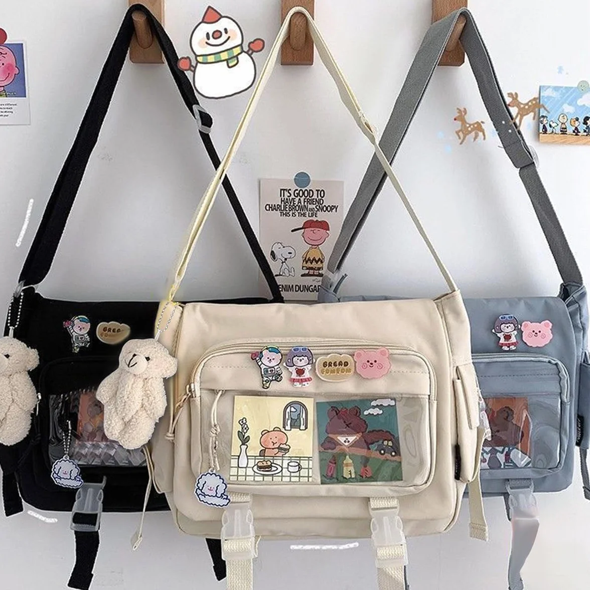 Kawaii Crossbody Ita torba damska z pinami i pluszowym misiem - japońska torba kurierska Y2K torba na ramię