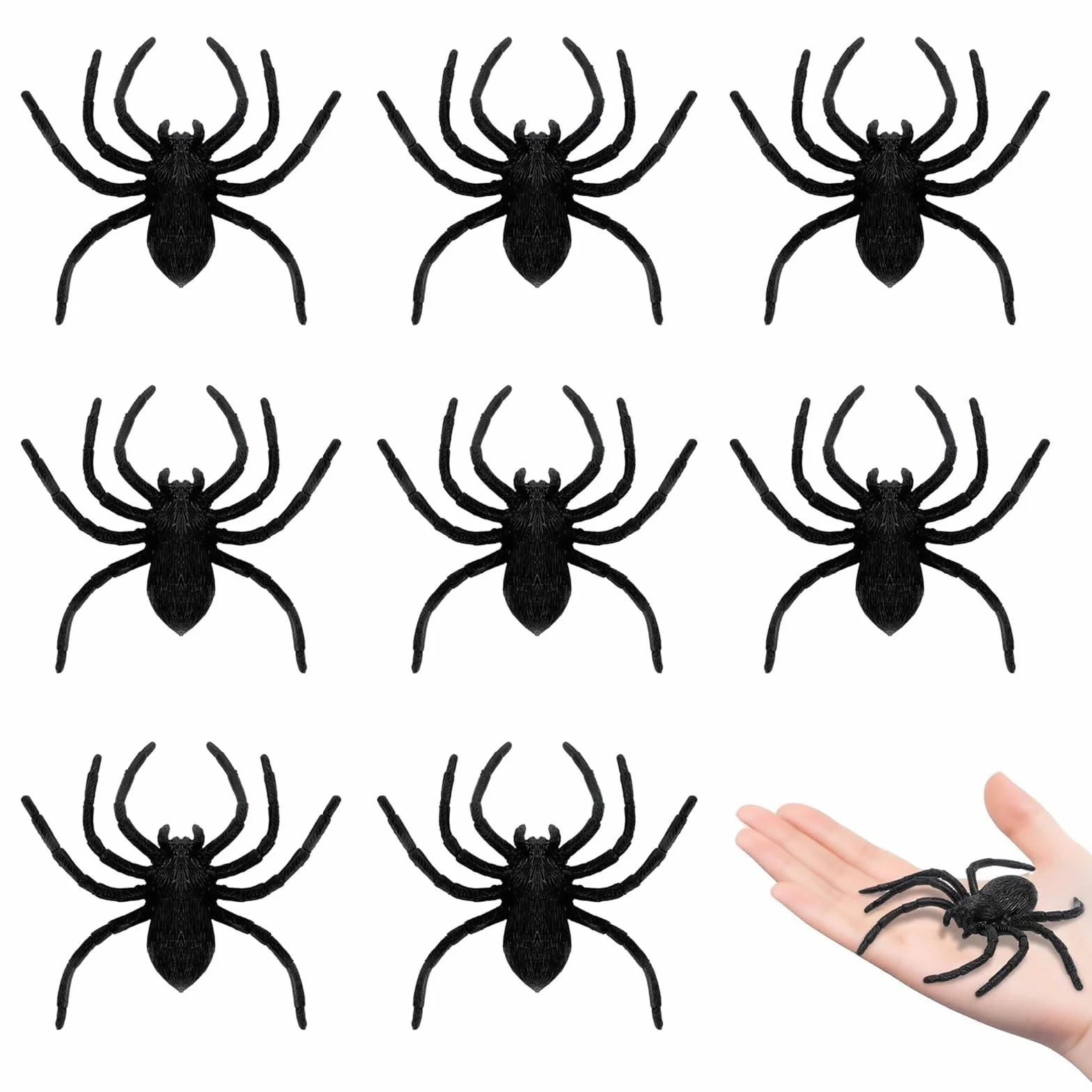 8 sztuk plastikowych pająków, dekoracje na Halloween, pająki na Halloween, sztuczne pająki, czarne duże pajęczyny, realistyczne rekwizyty do sztuczki, przerażające