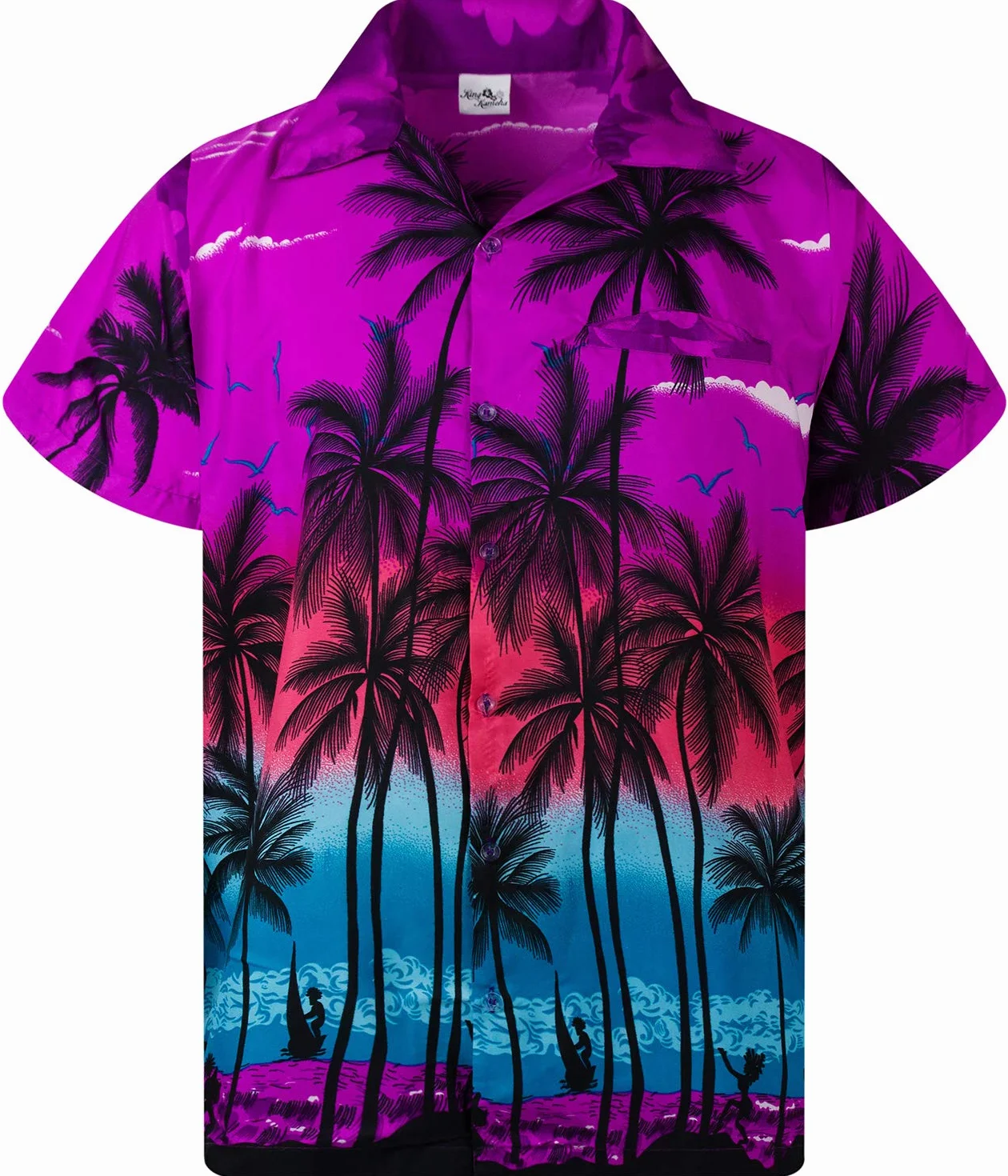 King Kameha Funky koszula hawajska dla chłopców i dziewczynek, z krótkim rękawem, kieszeń przednia, nadruk hawajski, uniseks, wzór palm plażowych