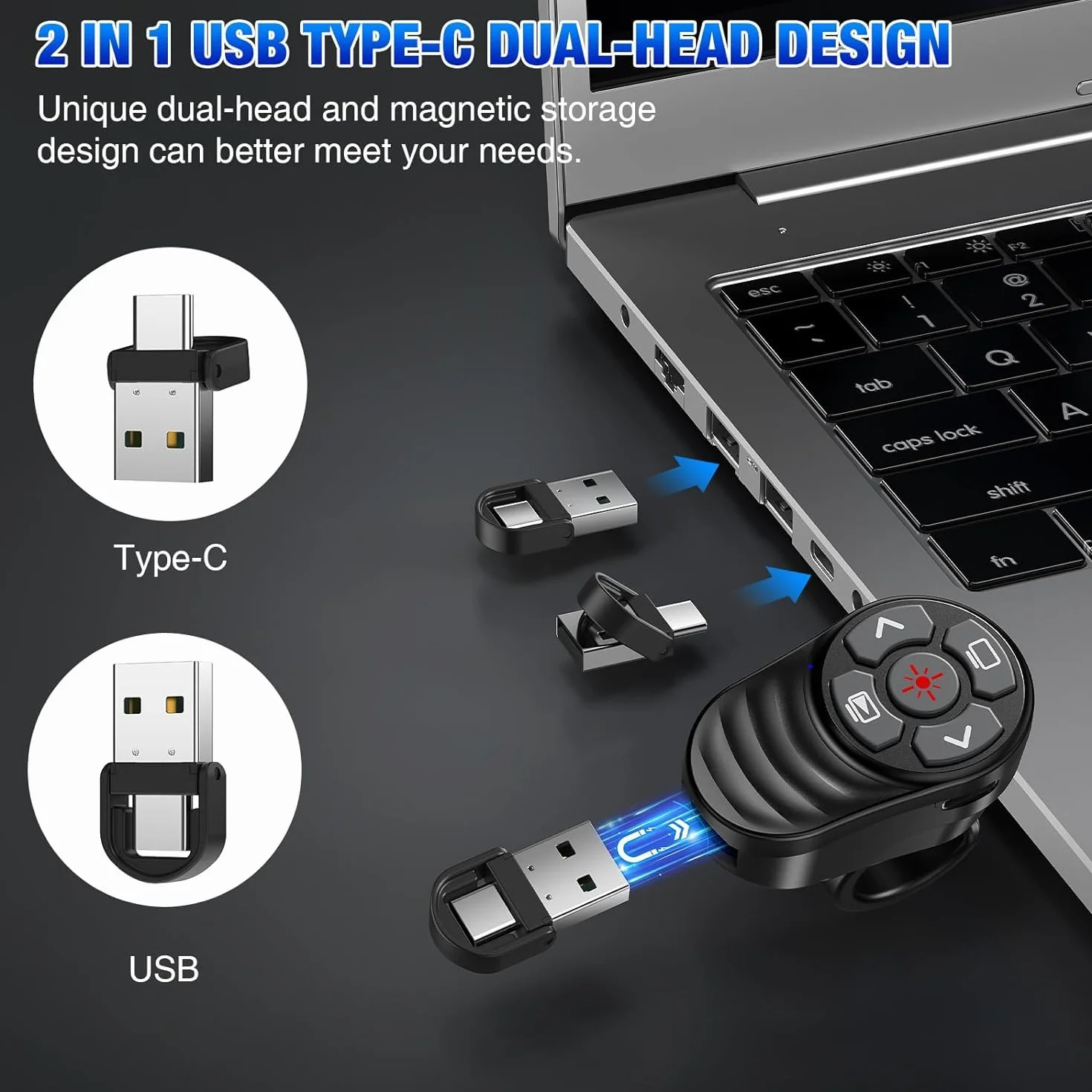Pierścionek pilot do prezentacji z klickerem do ładowania, 2-w-1 USB Type C klicker Powerpoint pilot do prezentacji z głośnością, bezprzewodowy pilot prezentacyjny do komputera MAC, laptopa