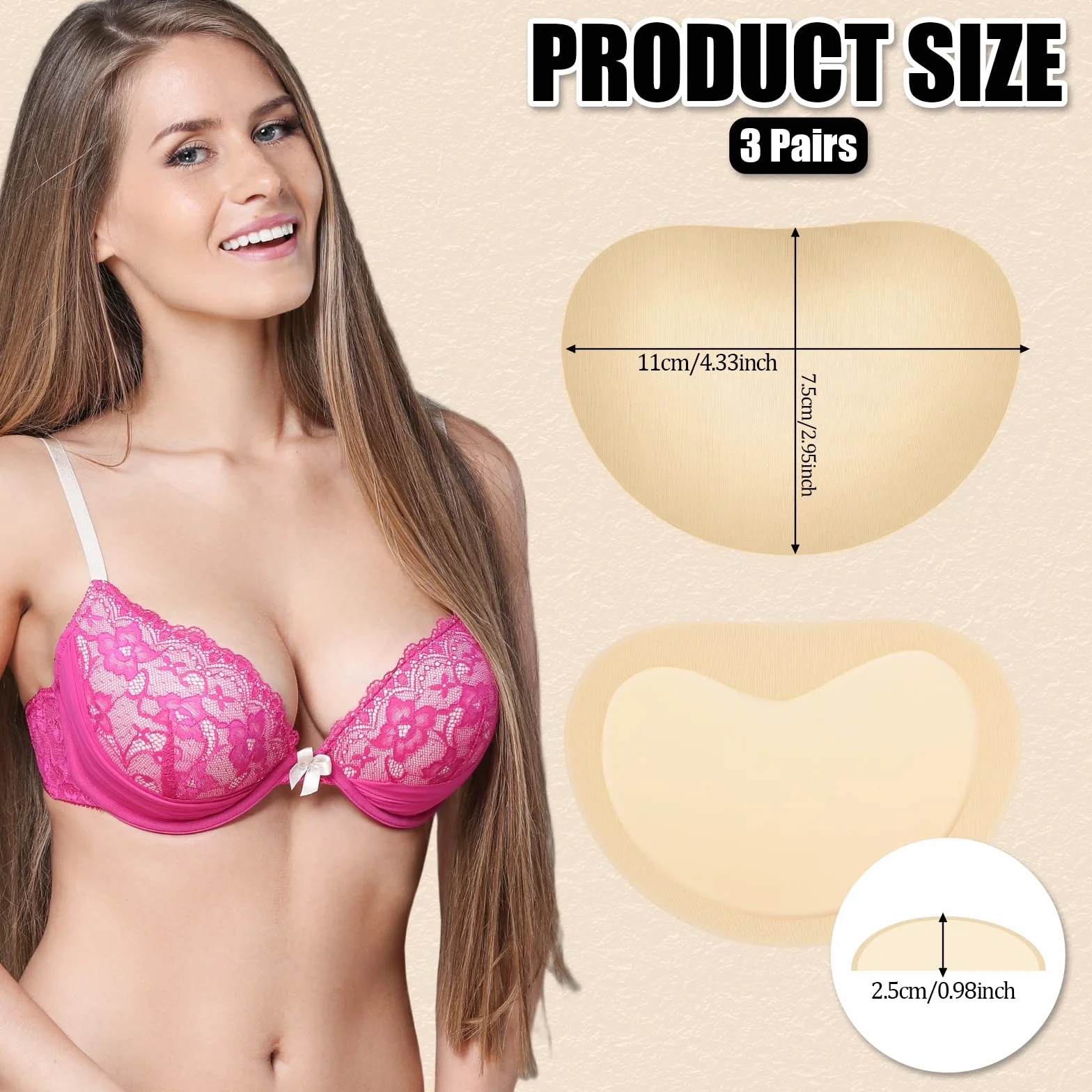 COMNICO 3 pary wkładek do biustonosza, samoprzylepne, push up, oddychające wkładki biustonosza, wyjmowane, wygodne poduszki na piersi dla kobiet, do uprawiania sportu, bikini, kostiumu kąpielowego