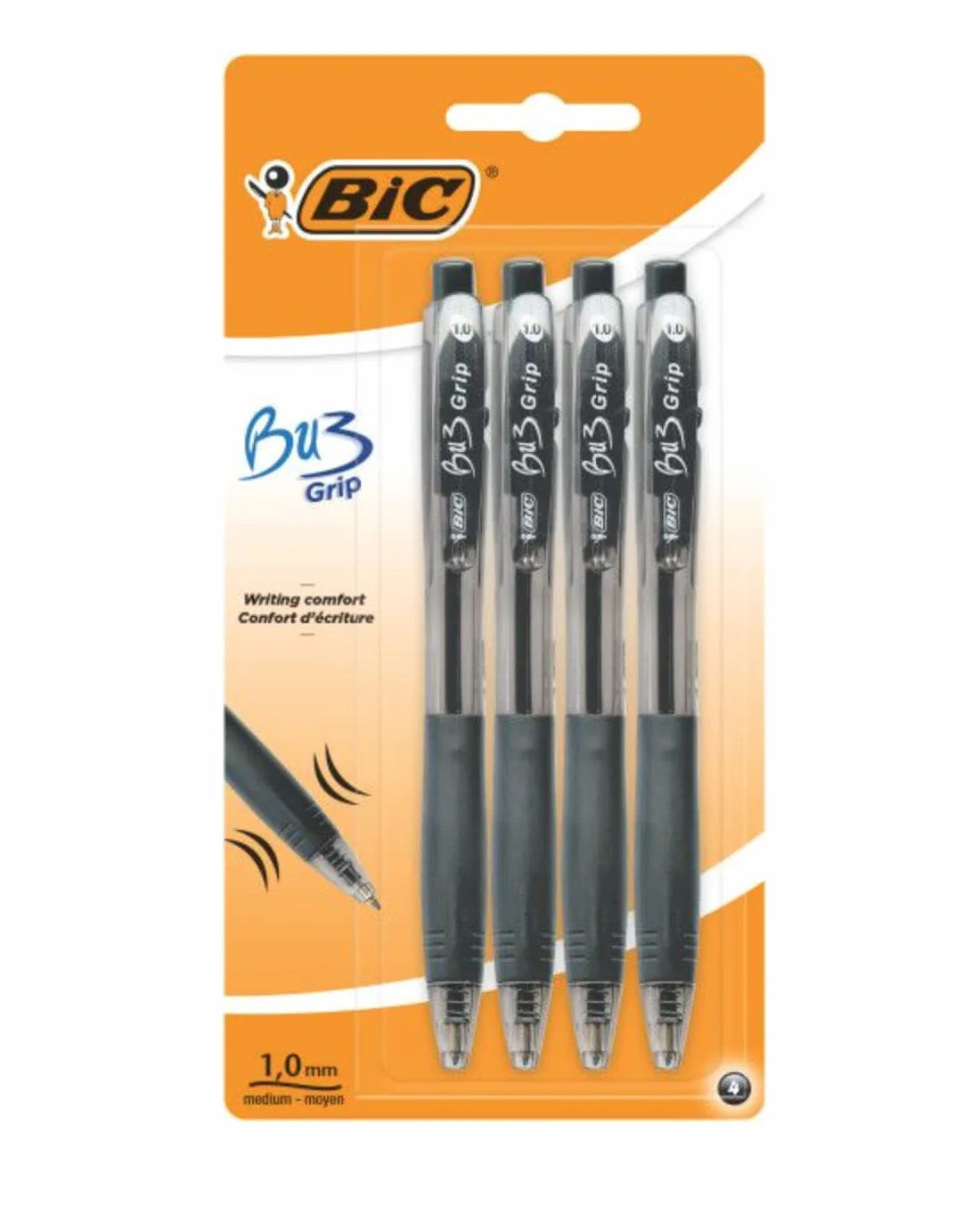 Bic Bu3 Grip 1.0 czarny chowany długopis kulkowy 4-pak artykułów piśmienniczych