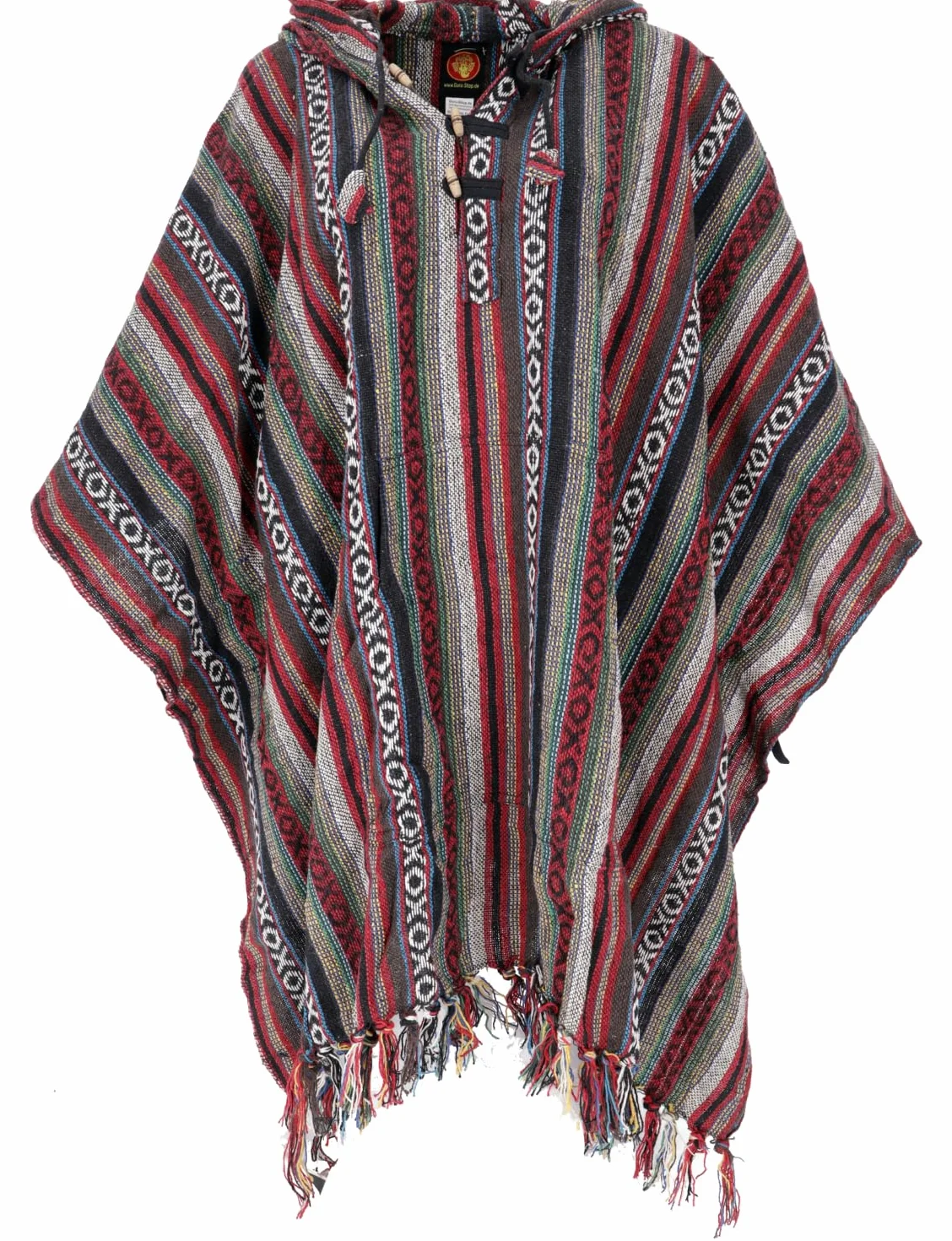 GURU SHOP Ponczo w stylu hippie, chic, etniczne ponczo, męskie/ damskie, niebieskie, z bawełny, rozmiar uniwersalny, kurtka z dzianiny, odzież alternatywa, czerwony/czarny, jeden rozmiar