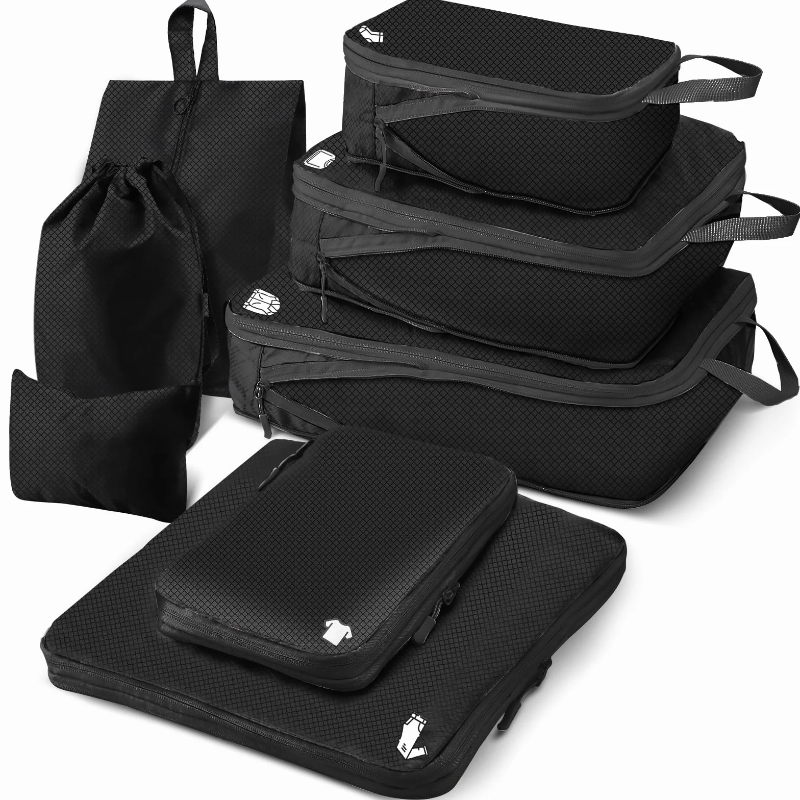 Packing Cubes kompresyjne 8 sztuk organizerów do walizki, wodoszczelne kostki pakujące z kompresją, niezbędne akcesoria podróżne do bagażu podręcznego, walizki i plecaka, antracytowo-czarne
