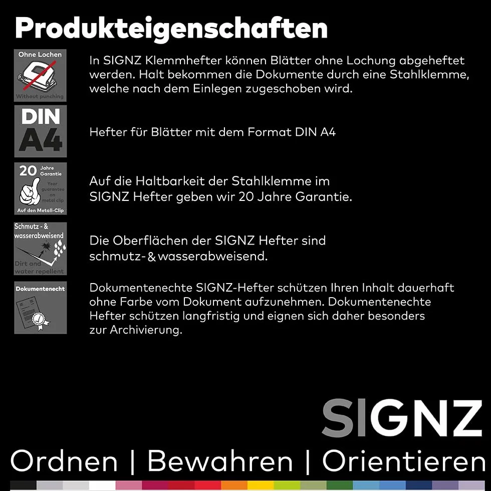 SIGNZ Segregator zaciskowy DIN A4, 5 sztuk, czarny, na 60 arkuszy, neutralny pod względem emisji CO2, wyprodukowano w Niemczech