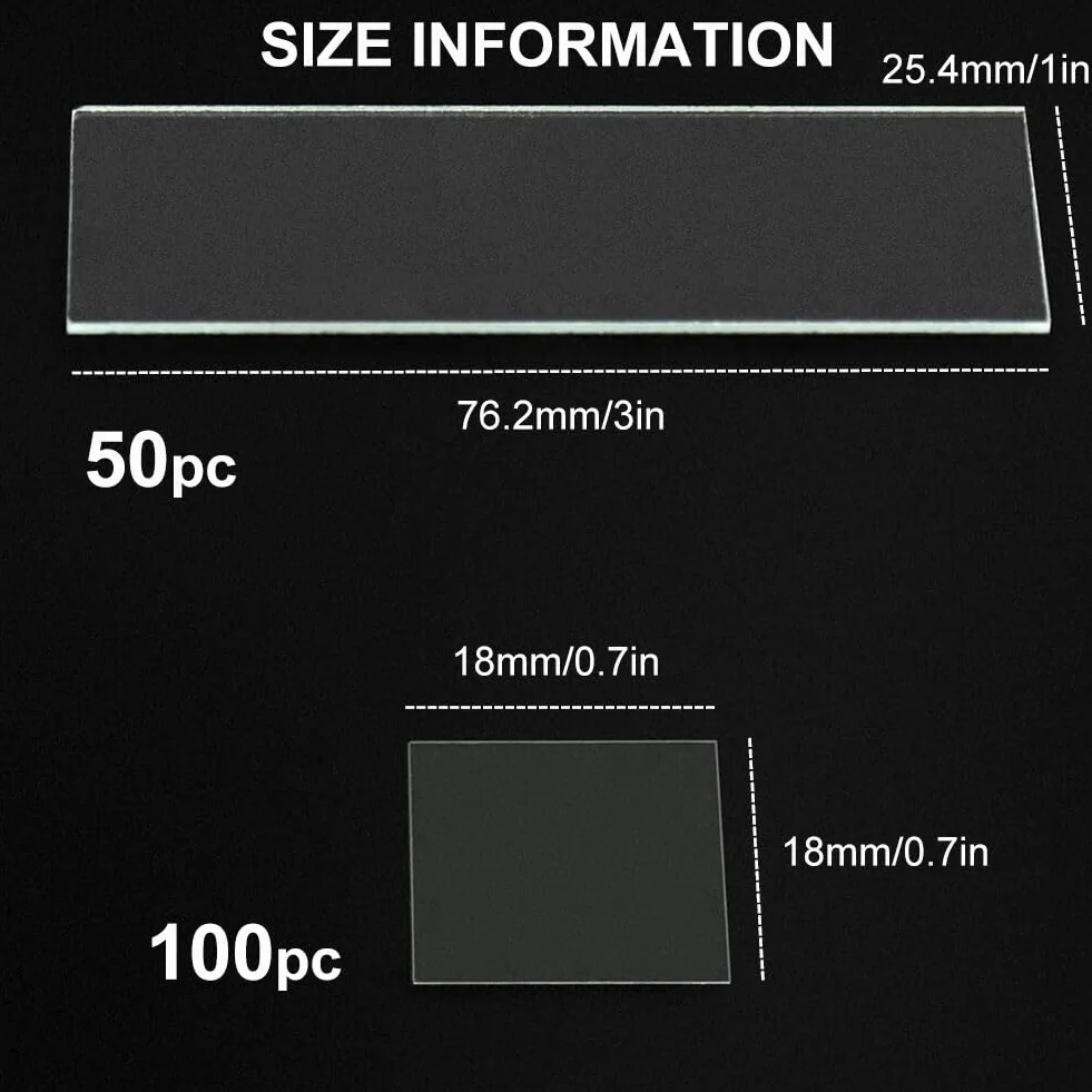 100 sztuk szkieł kryjących + 50 sztuk szkiełek do mikroskopu, szkiełka kryjące do mikroskopu, szkiełka do mikroskopu, wymiary 100 sztuk to 18 x 18 mm, rozmiar 50 sztuk to 25,4 x 76,2 mm, do
