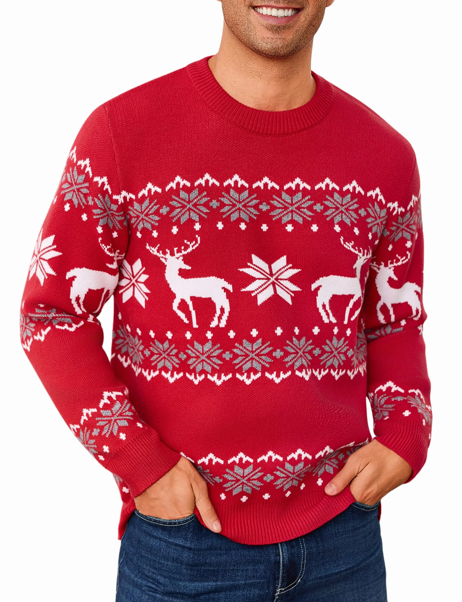 Męski świąteczny sweter zimowy sweter na Boże Narodzenie sweter z dzianiny okrągły dekolt renifer płatek śniegu dzianina S-XXL