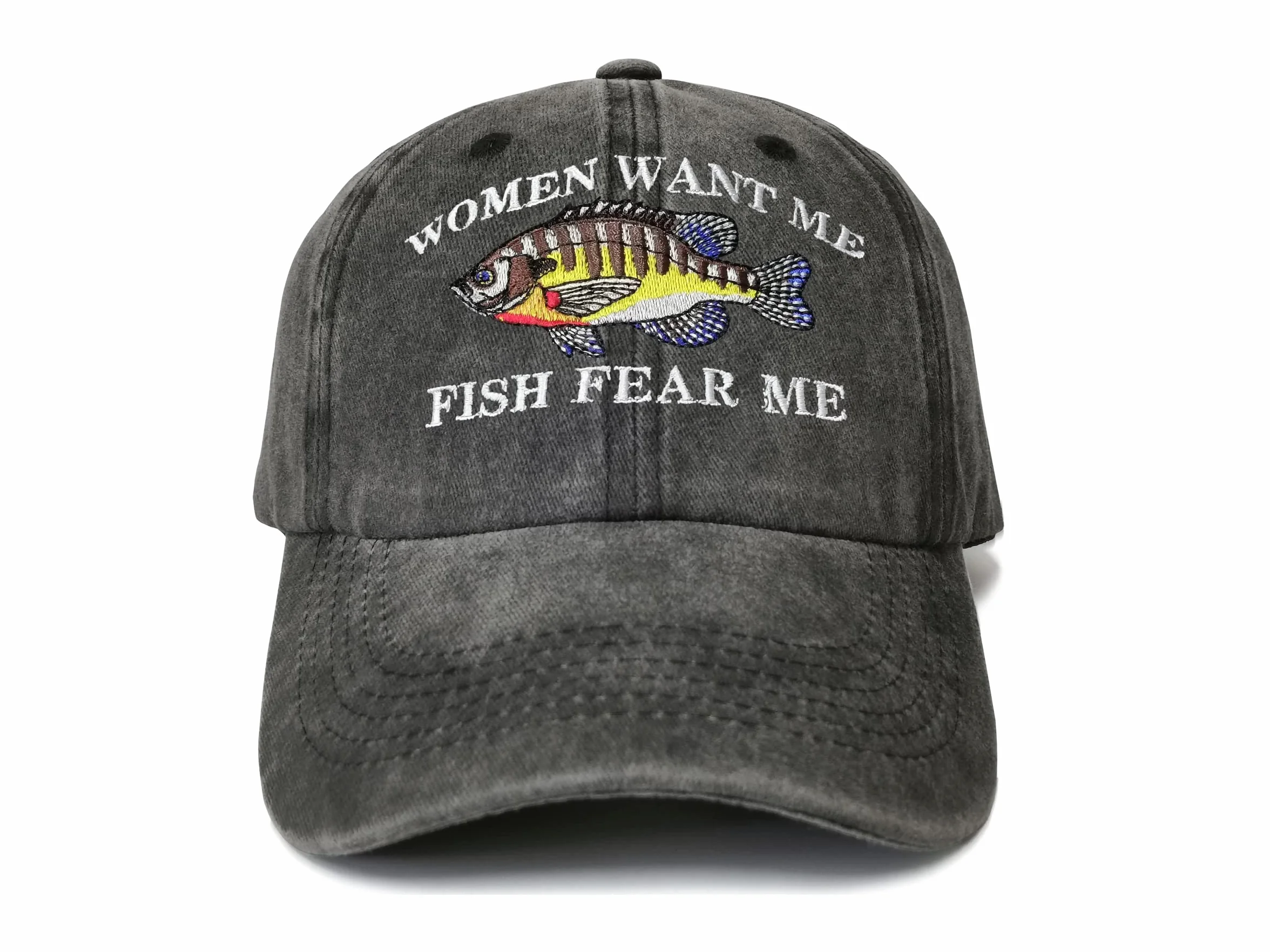 Haftowane czapki i czapki z daszkiem dla mężczyzn i kobiet, Women Want Me Fish Fear Me (Washed Black), Rozmiar uniwersalny