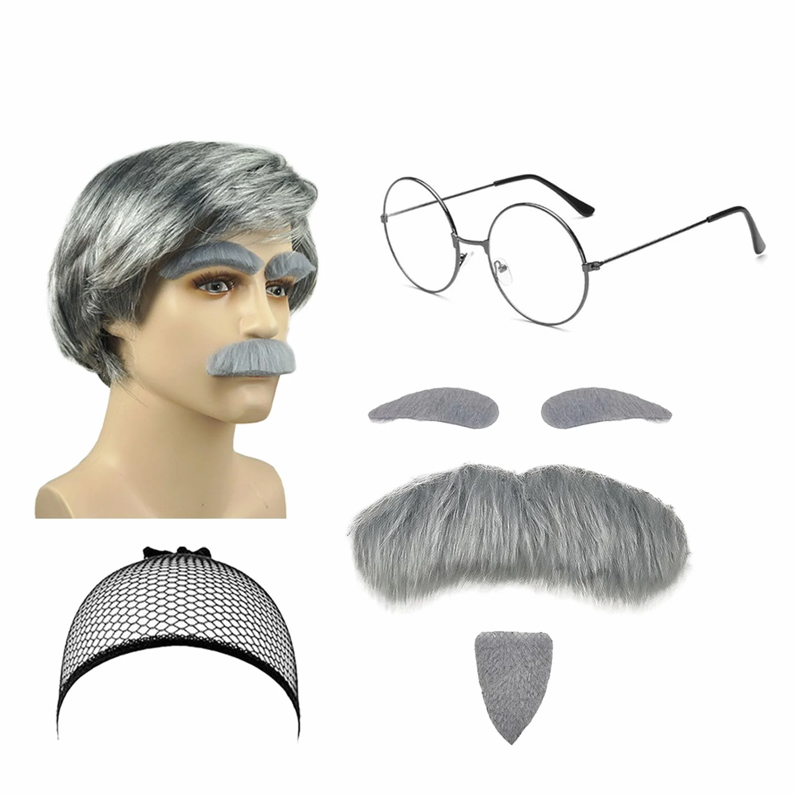 7 sztuk zestaw peruk do kostiumu dziadka, kostium emeryta, cosplay, dziadka, broda, brwi, peruka, czepek pod perukę, starszy mężczyzna, kostium, peruka dziadka, na Halloween, karnawał, akcesoria