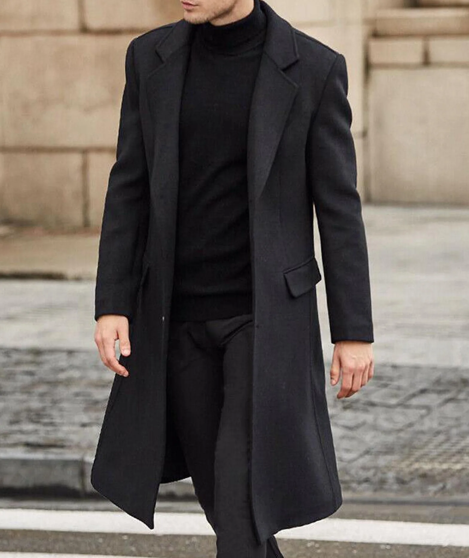 ECDAHICC Męski płaszcz wełniany, casualowy, slim fit, długa kurtka, kołnierz, trencz, jednorzędowy, płaszcz zimowy, ciepła odzież wierzchnia