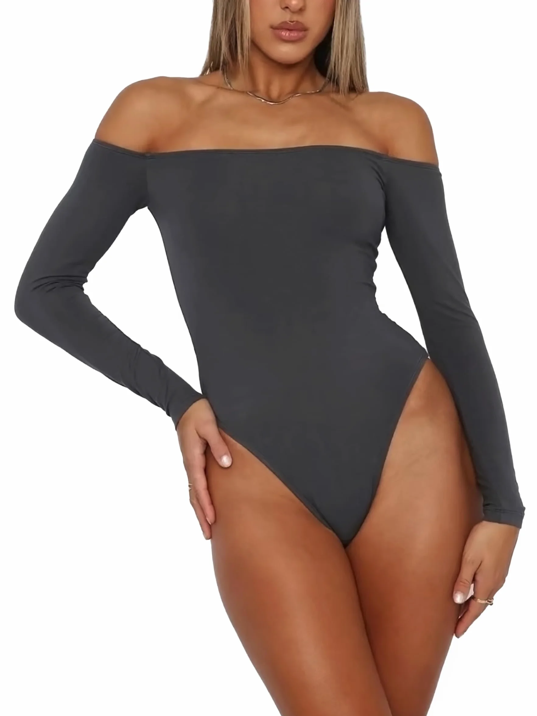 HAWILAND Body damskie body z odkrytymi ramionami, z długim rękawem, seksowne, eleganckie body dla kobiet