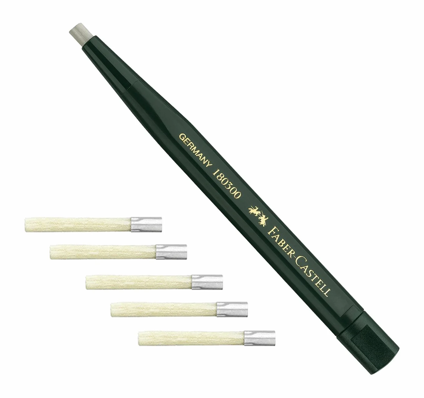 Faber-Castell 180300 - trzpień obrotowy z gumką do szkła, kolor trzonka: zielony + 5 wkładów zapasowych 180600