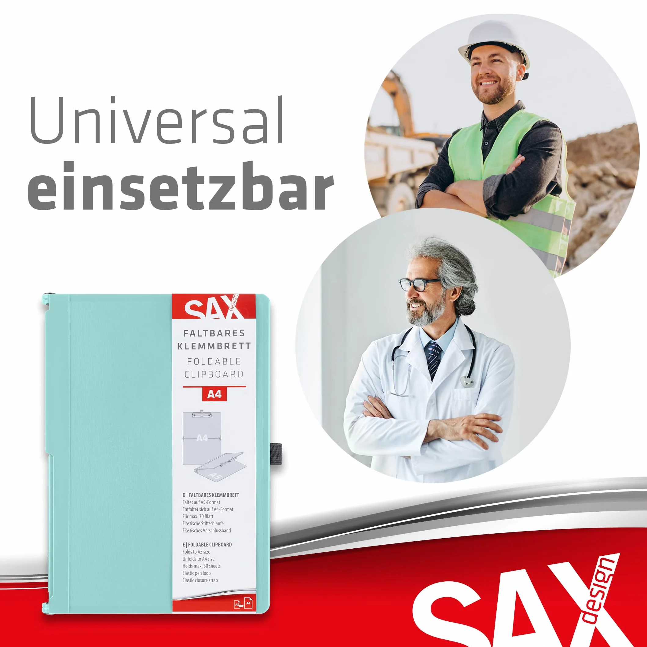 SAX Składana deska zaciskowa, Aqua, Clipboard, A4 na A5, format pionowy i poziomy, idealna w podróży i biznesie, na 30 arkuszy, w zestawie elastyczna taśma zamykająca i szlufka na długopis, trwała i