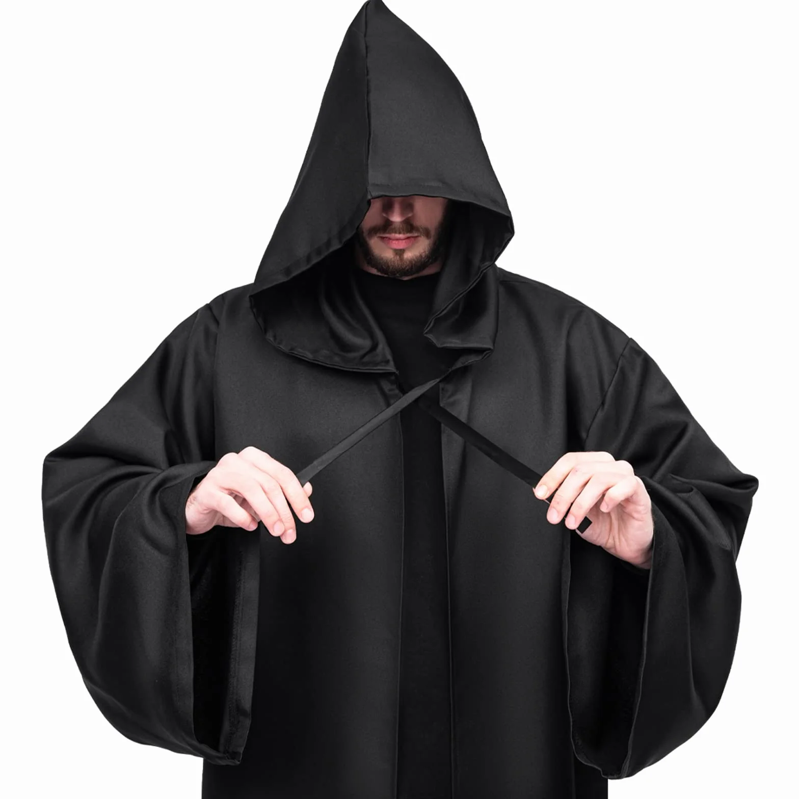 Myir JUN Męski płaszcz z kapturem, męski szlafrok na Halloween, kostium filmowy, rycerz, tunika, peleryna dla dorosłych, strój, karnawał, fantazyjne przebranie, cosplay (rozmiar XL, czarny)
