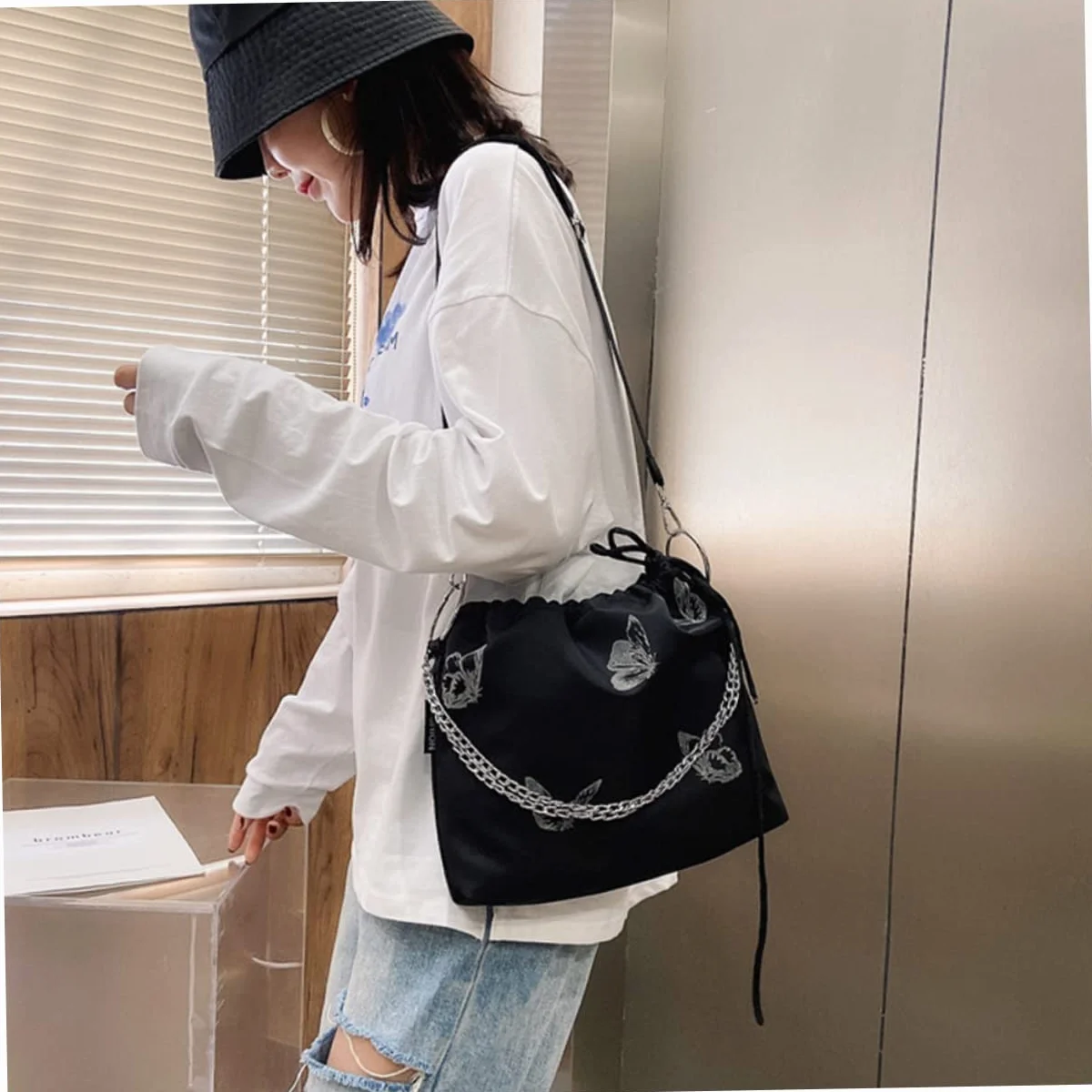 CHILDWEET Ukoś Torba Damska Ze Sznurkiem Motyl - Torebka Ramię Moda Kobieta Cross-Body Mini Delikatna Biała