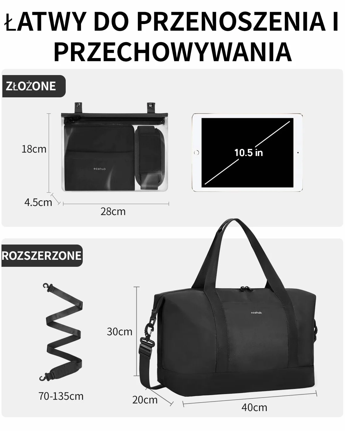 ECOHUB składana Torba podróżna 40x20x25 cm, 20L Lekka Bagaż Podręczny do Samolotu, Torba Kabinowa Ryanair z Wyjmowaną Kieszenią na Mokre Rzeczy, Torba Sportowa PET z Recyklingu Damska Męska(Czarny)