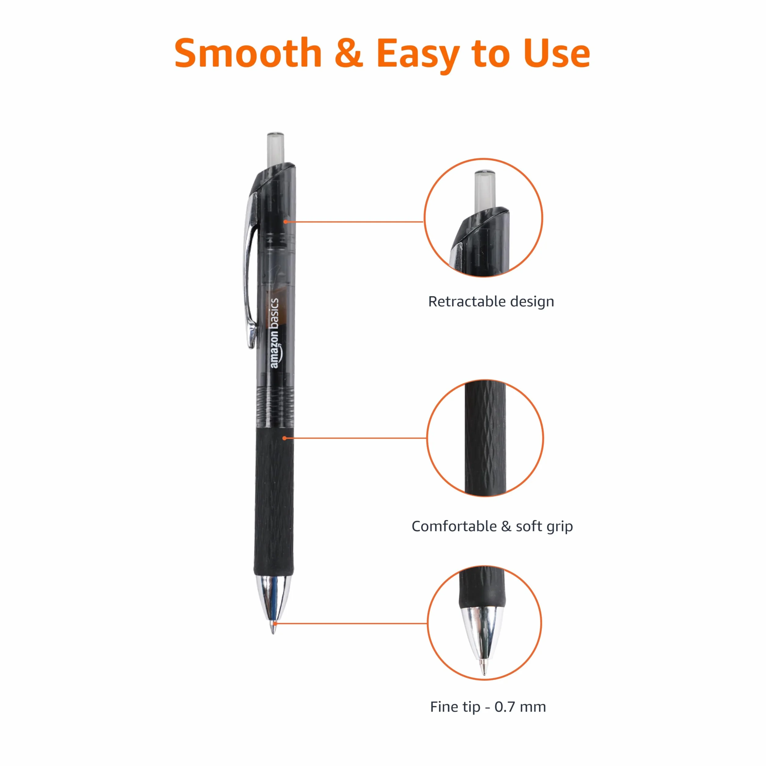 Amazon Basics Wysuwany Długopis Żelowy, Cienka Końcówka (0,7 mm), Czarny, 12 szt., Opakowanie 1 Zest.