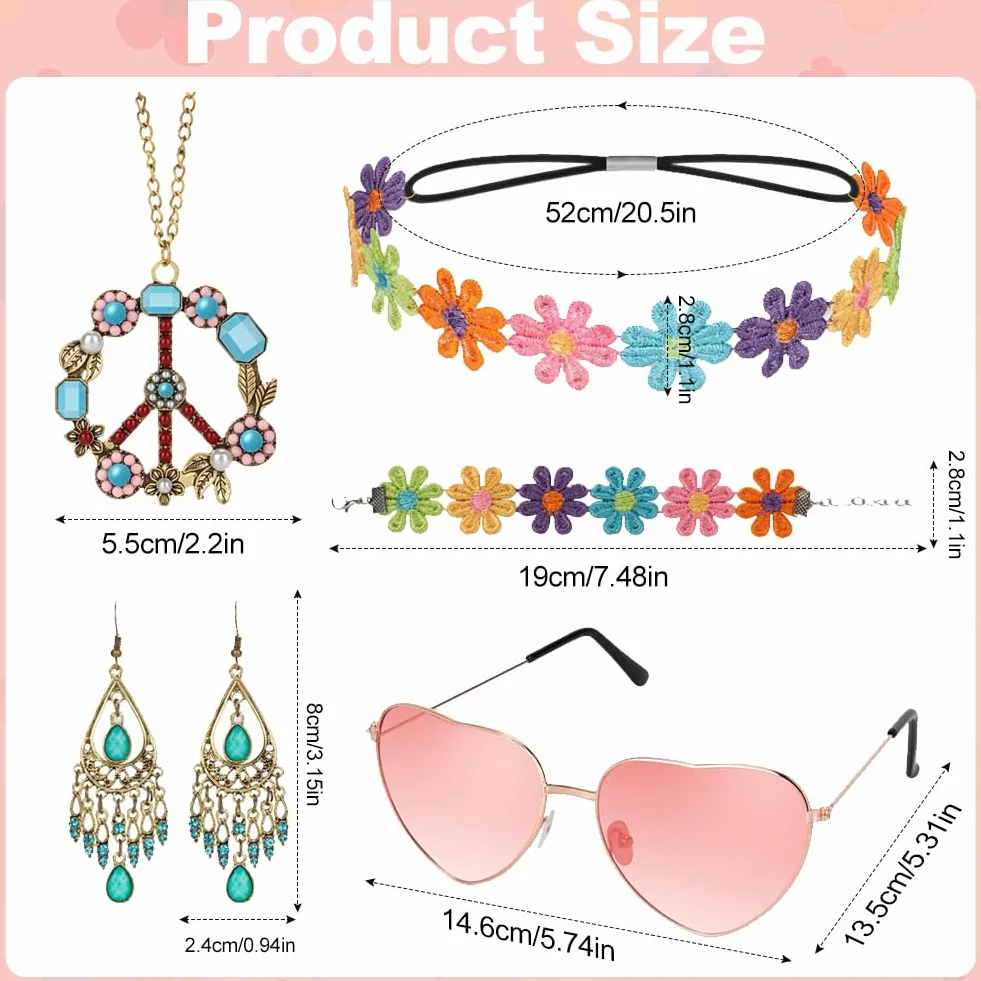5 sztuk akcesoria hippy kobiety, boho 70 akcesoria dla kobiet dziewcząt z okularami przeciwsłonecznymi różowa stokrotka stokrotka kolczyki naszyjnik hippie bransoletka retro 60s i 70s zestaw mody