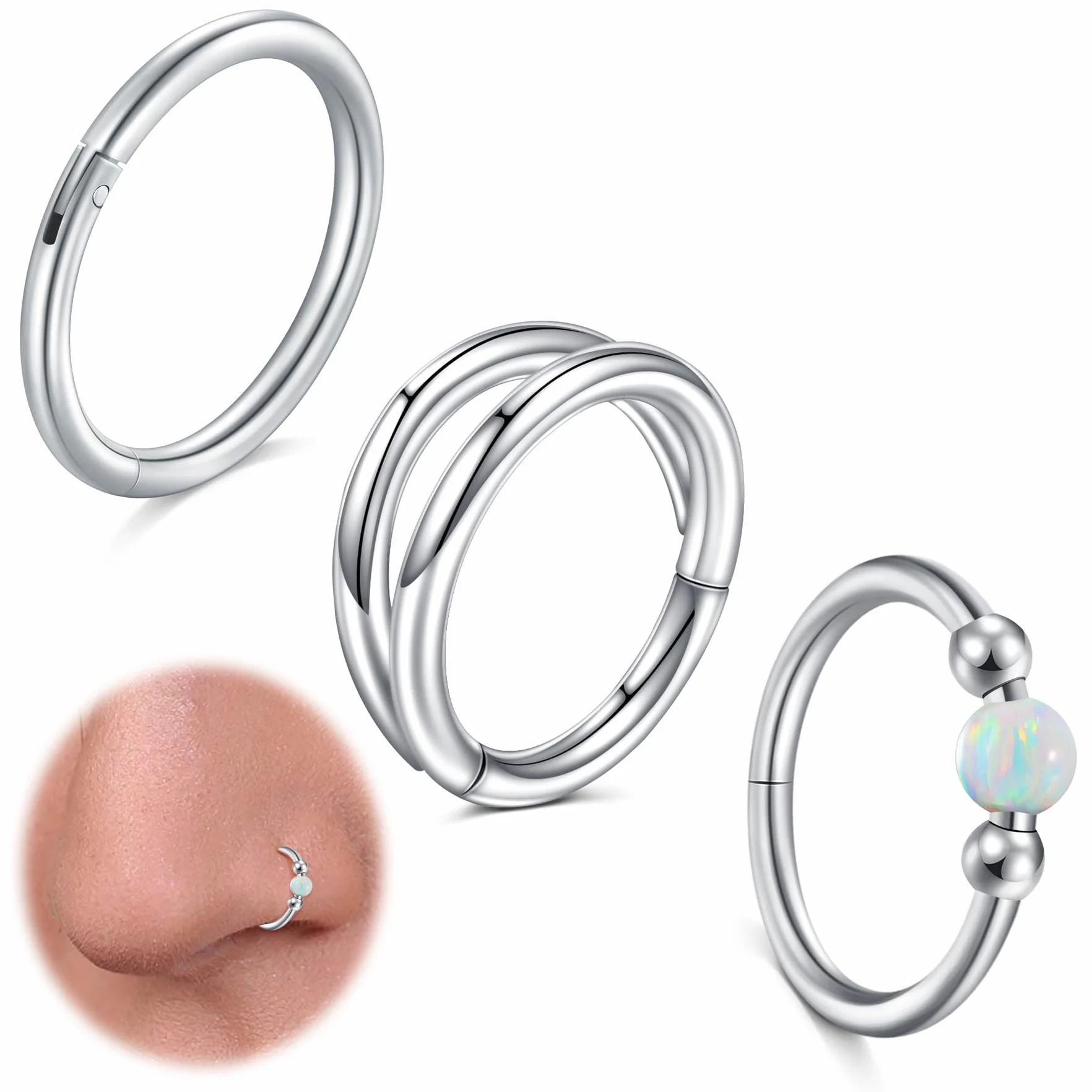 LAURITAMI 18G Piercing do nosa, stal chirurgiczna, zawiasy, segment, kolczyk do ust, chrząstki chrząstki helix trag chrząstki opal Piercing koło złote srebro 3 sztuki