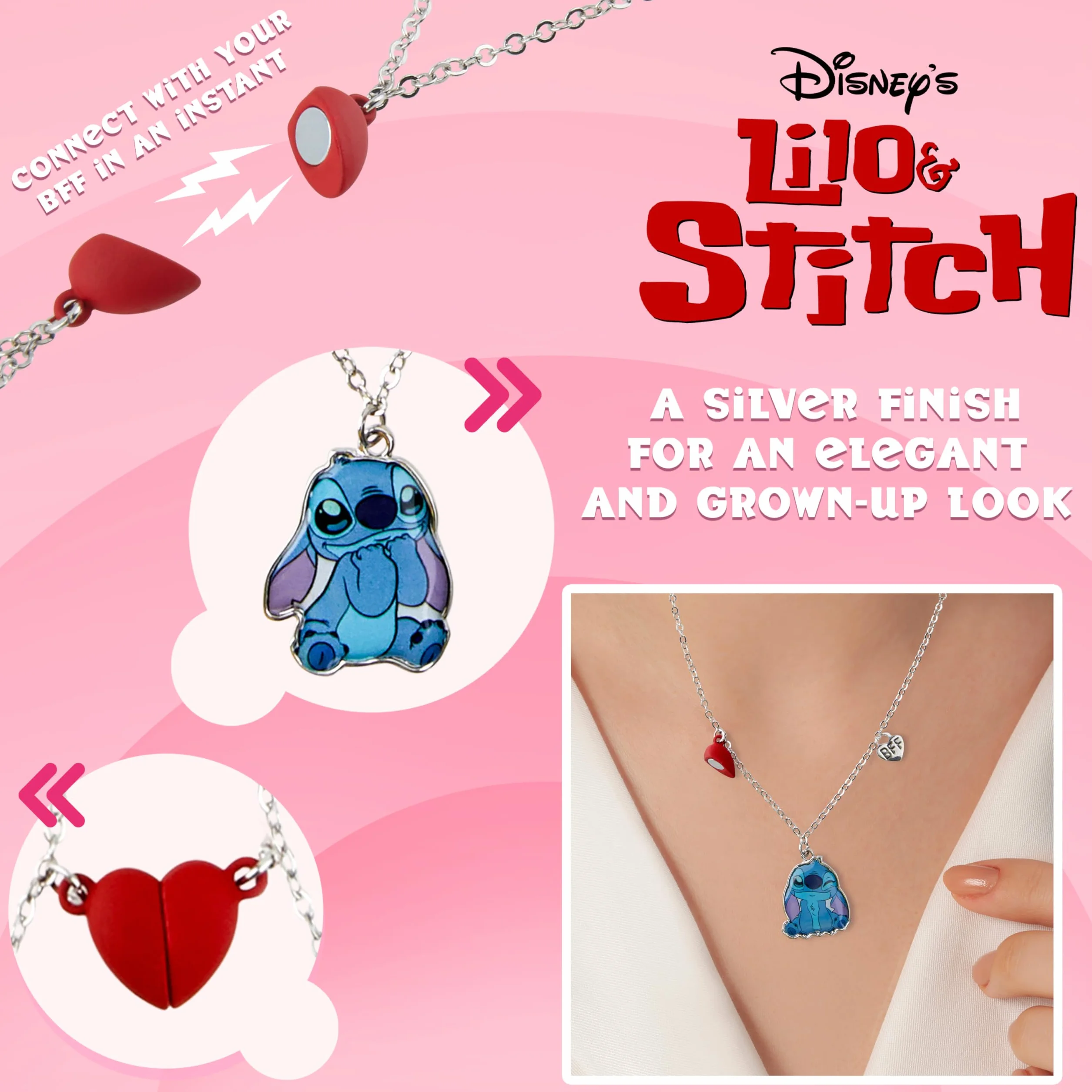 Disney Zestaw biżuterii dla dziewcząt Stitch, naszyjnik przyjaźni kolczyki bransoletka pierścionki-prezenty ściegu (srebrne 2 naszyjniki)