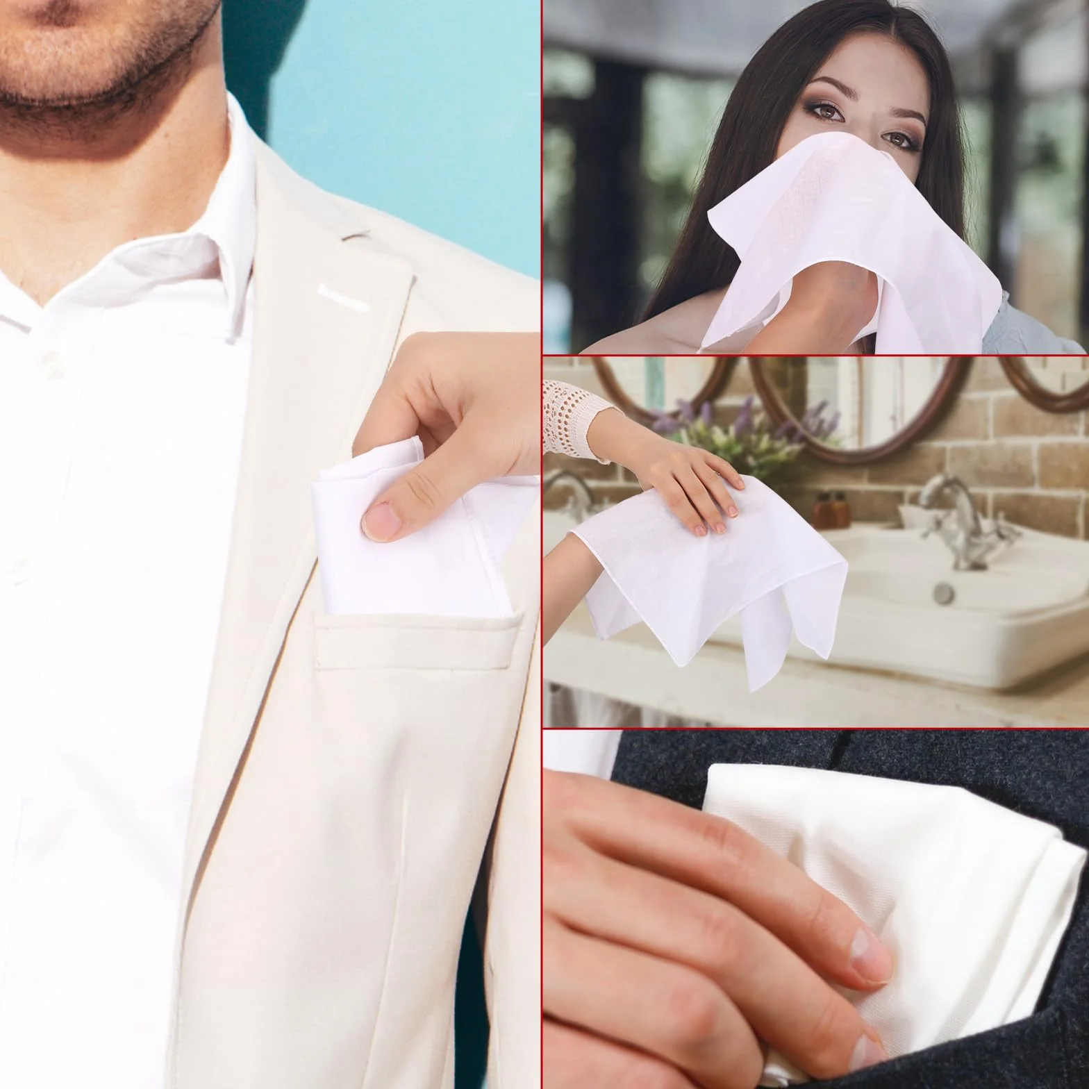 Qianyu 6 sztuk chusteczek dla mężczyzn Wysokiej jakości czysta bawełna Miękkie jednokolorowe białe bez wzoru Cienkie i lekkie chusteczki Duże chusteczki do kieszeni dla mężczyzn i kobiet 35,6 cm