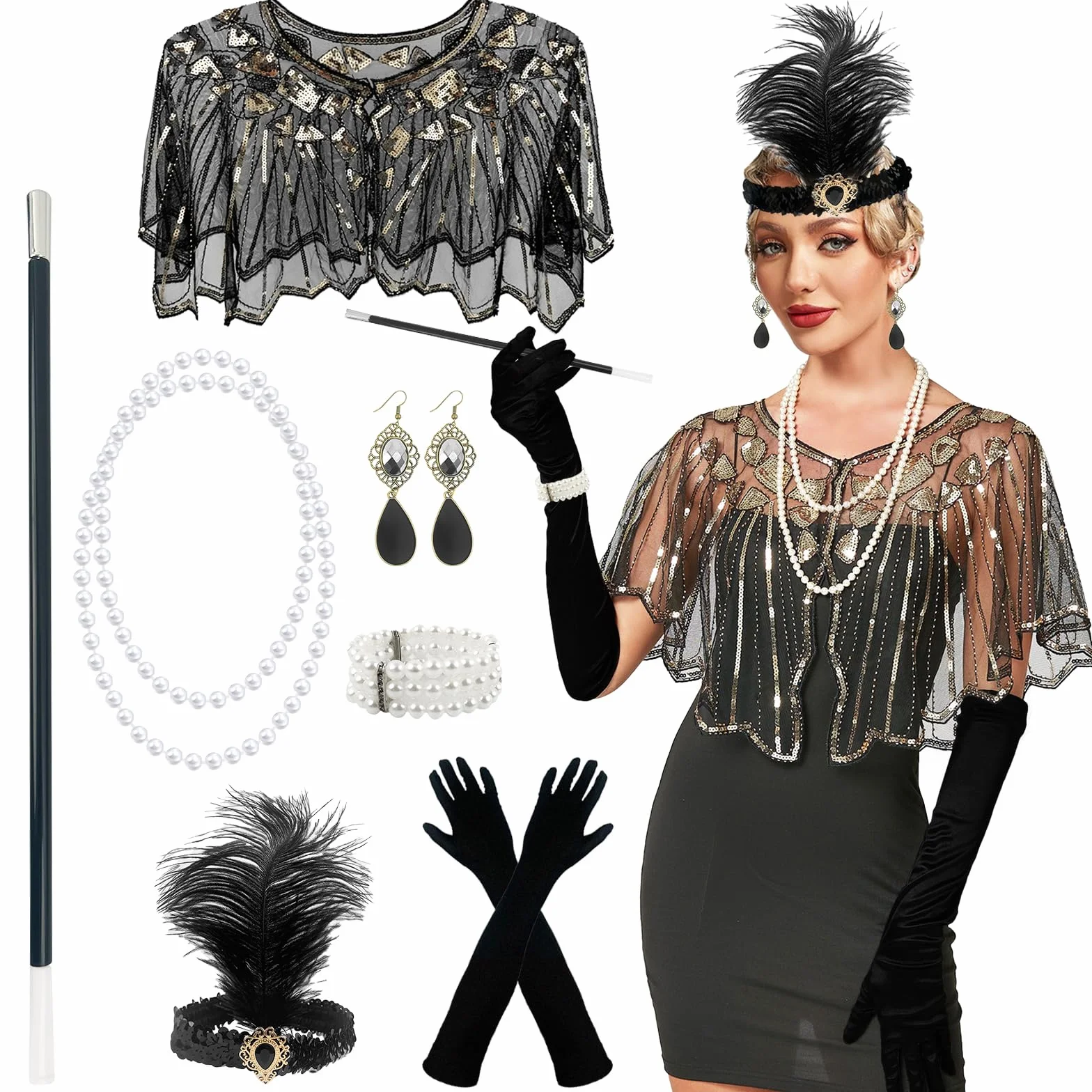 Akcesoria z lat 20-tych kobiet Gatsby, 7 szt. Zestaw akcesoriów 1920s, Great Gatsby Rekwizyt Charleston, kostium na lata 20-te damskie na imprezy tematyczne Halloween karnawał