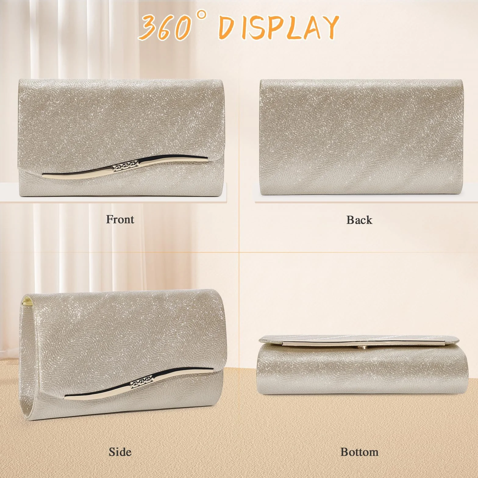 UBaymax Clutch damska torebka wieczorowa, błyszcząca, łańcuszkowa, modna torebka, elegancka koperta Crossbody na bal noworoczny, wesele, imprezę i wesele