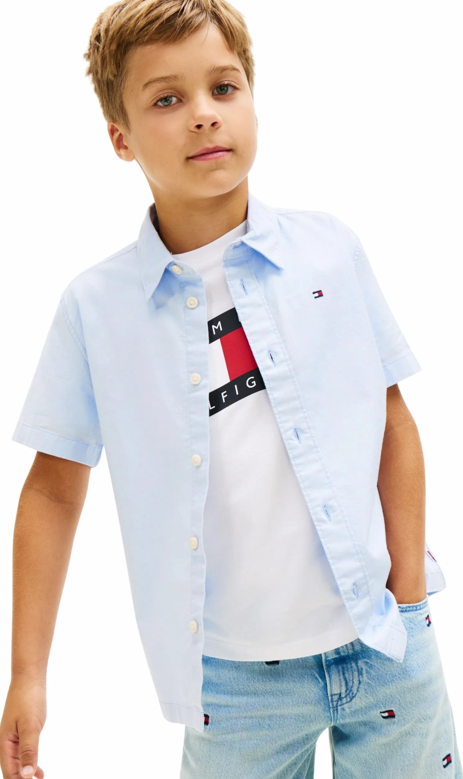 Tommy Hilfiger Chłopięca elastyczna koszula Oxford Ss KB0KB09554 Koszule, niebieska (Sweet Blue), 16 lat
